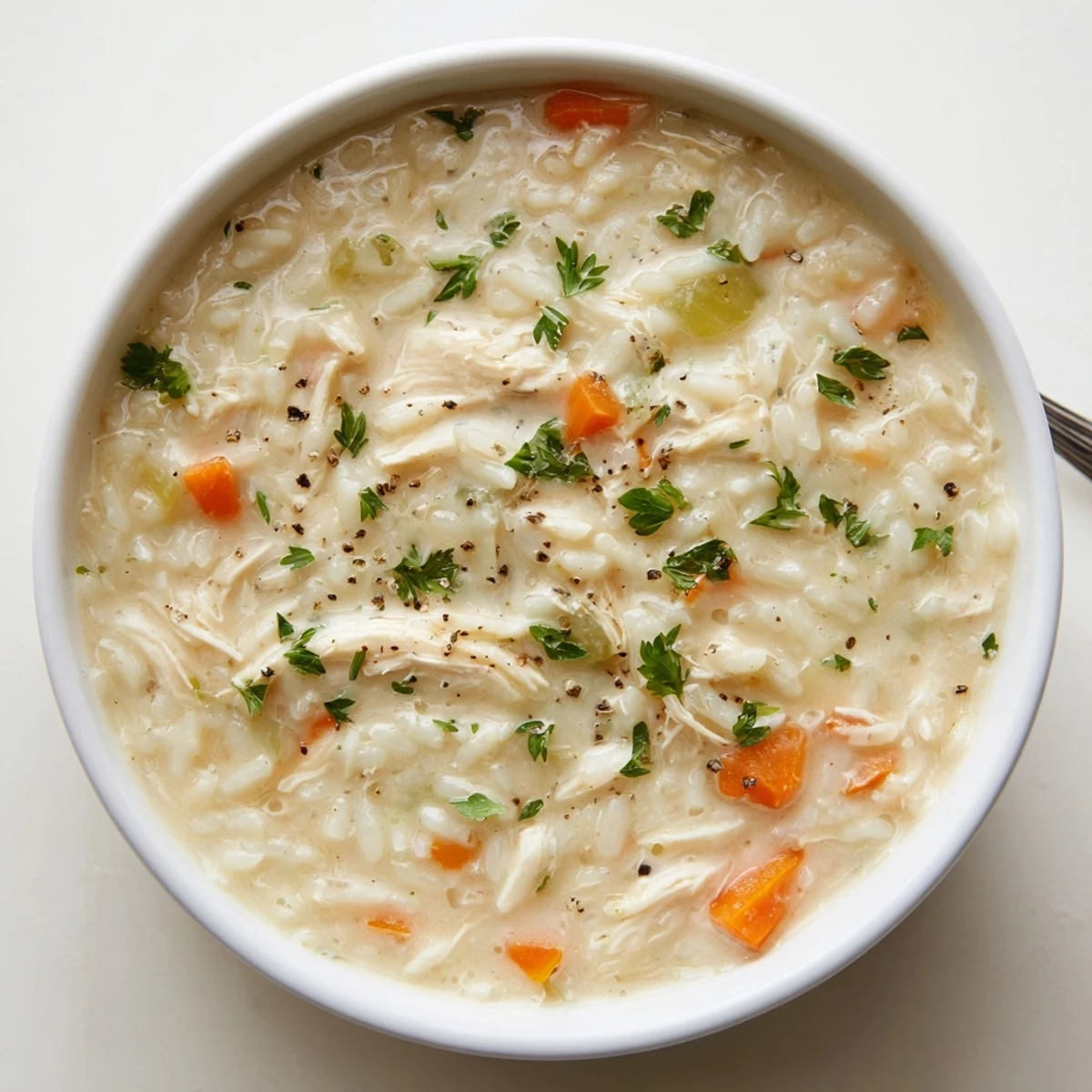 Creamy Chicken Rice Soup steaming in a bowl, tender chicken, silky broth
