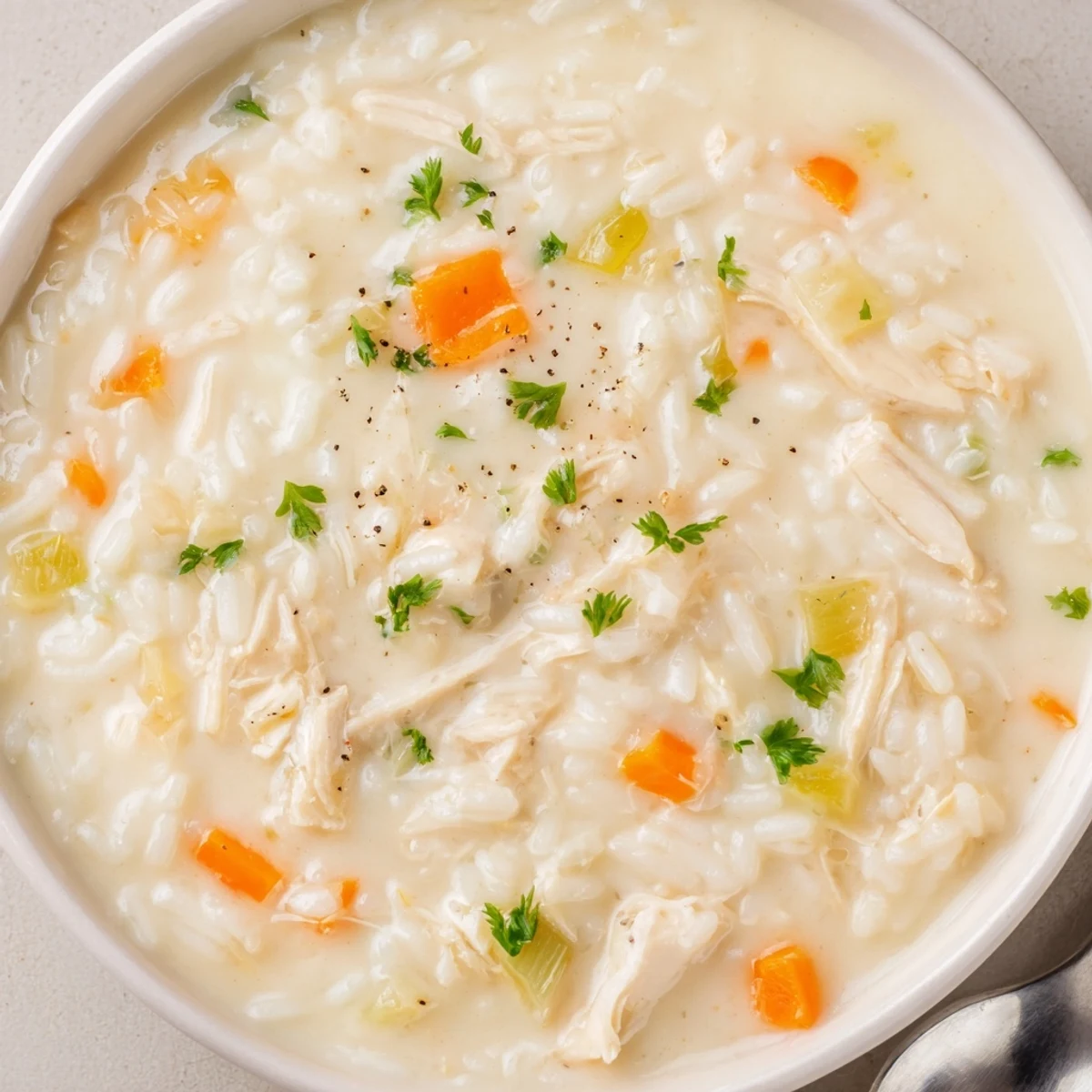 A ladle pouring Creamy Chicken Rice Soup into a rustic bowl, aromatic steam