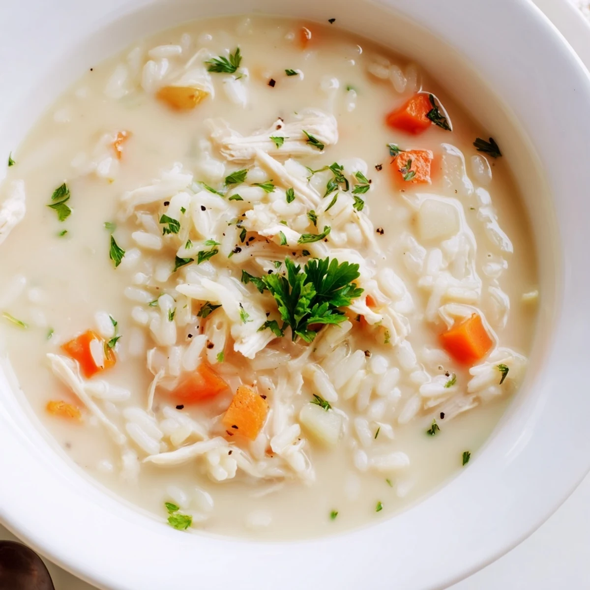 Hearty Creamy Chicken Rice Soup garnished with parsley, served with crusty bread