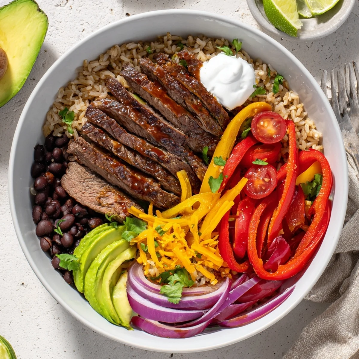 Colorful Steak Fajita Power Bowls featuring smoky peppers, black beans, cheese