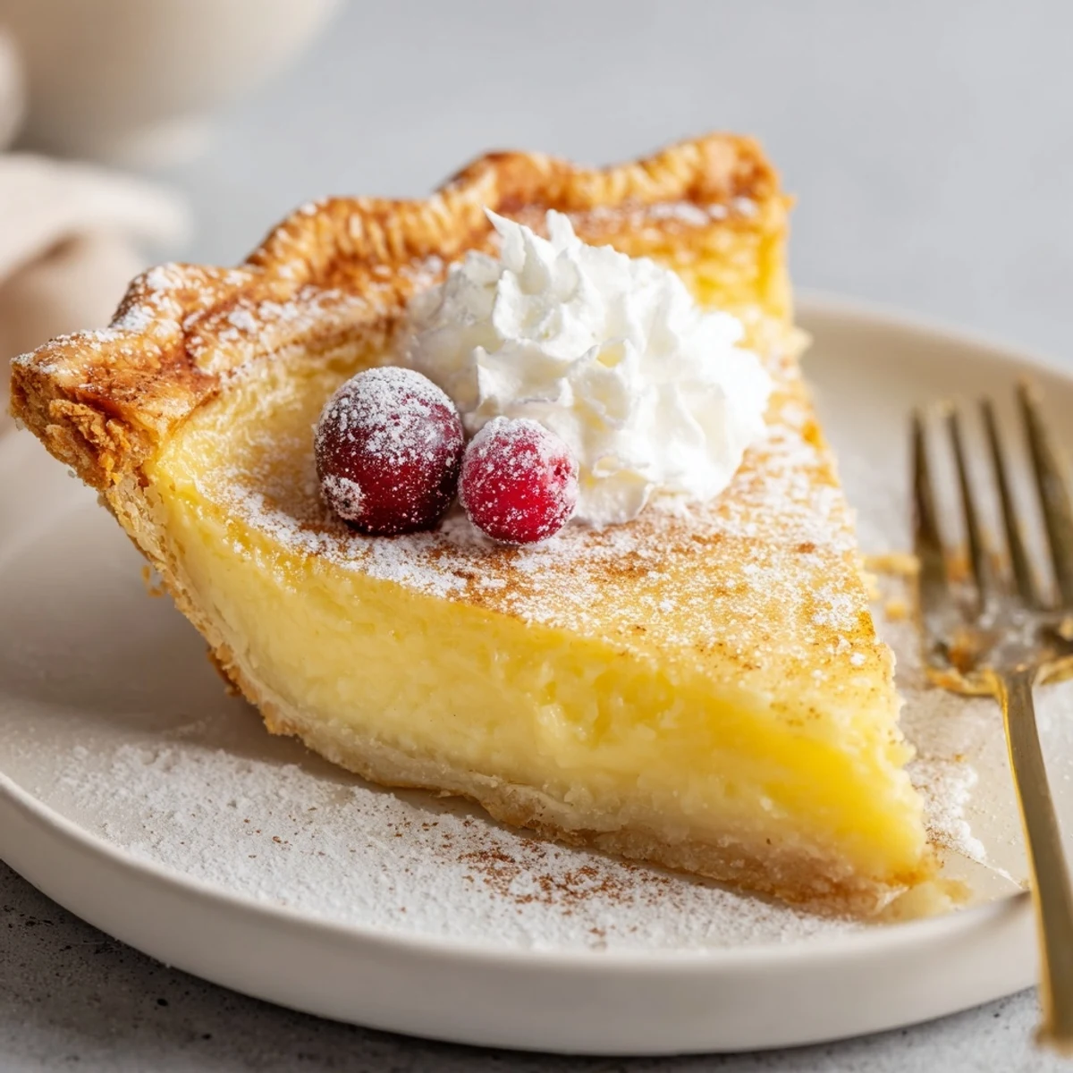 Sliced Christmas Eve Custard Pie With Cinnamon Vanilla on wire rack, dusted