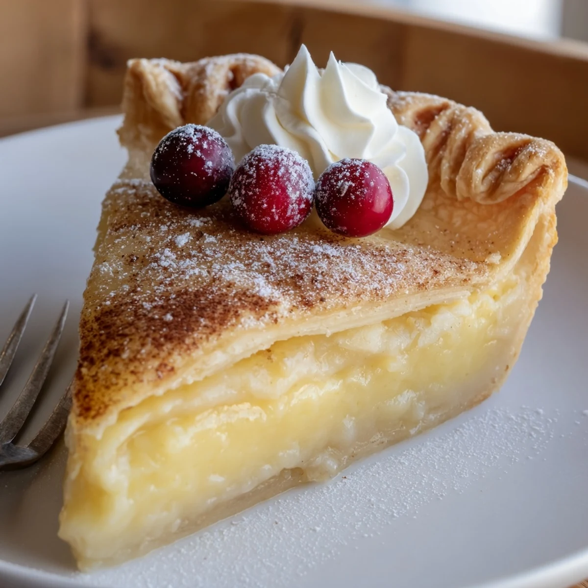 Warm Christmas Eve Custard Pie With Cinnamon Vanilla served with whipped cream