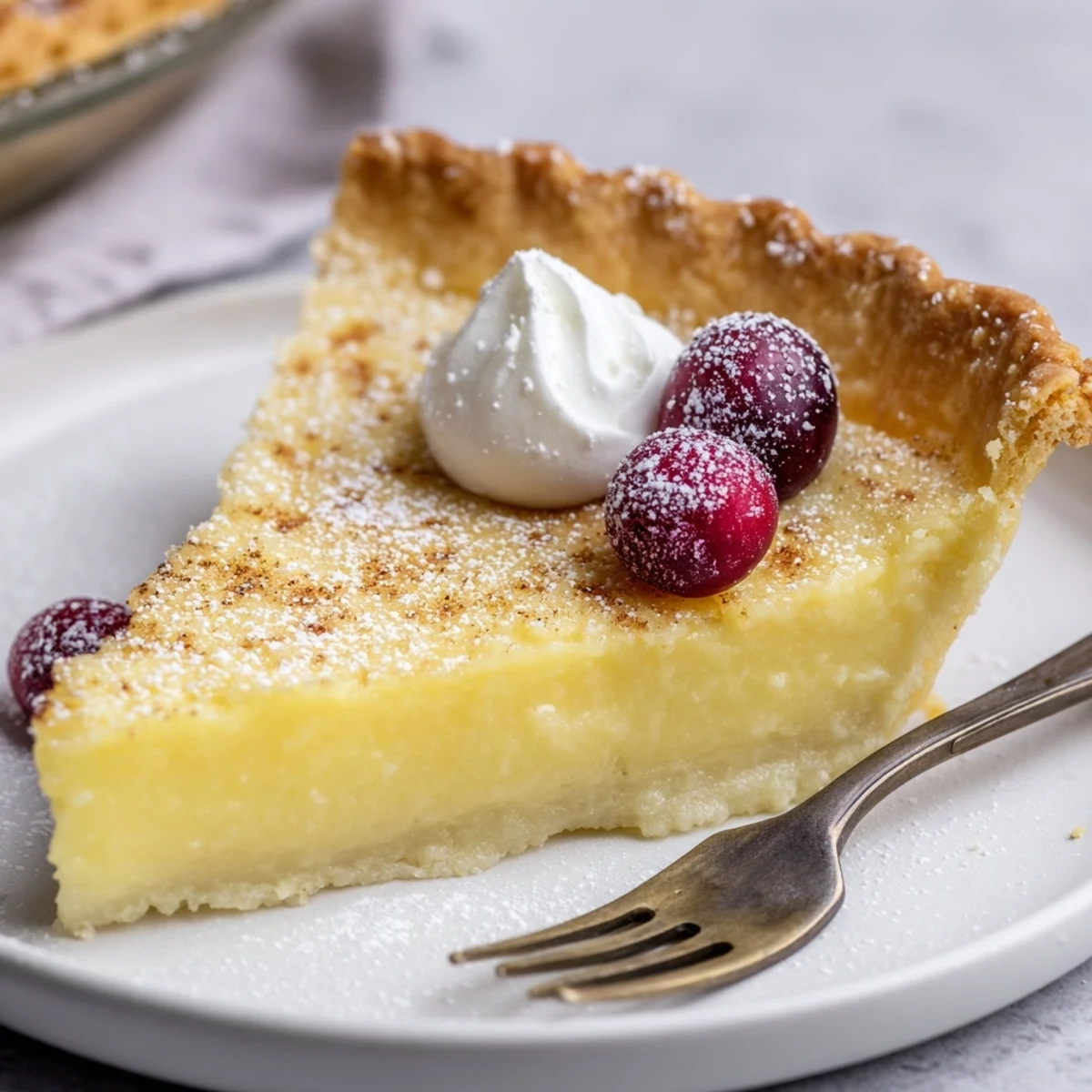 Close-up glossy Christmas Eve Custard Pie With Cinnamon Vanilla, golden set center