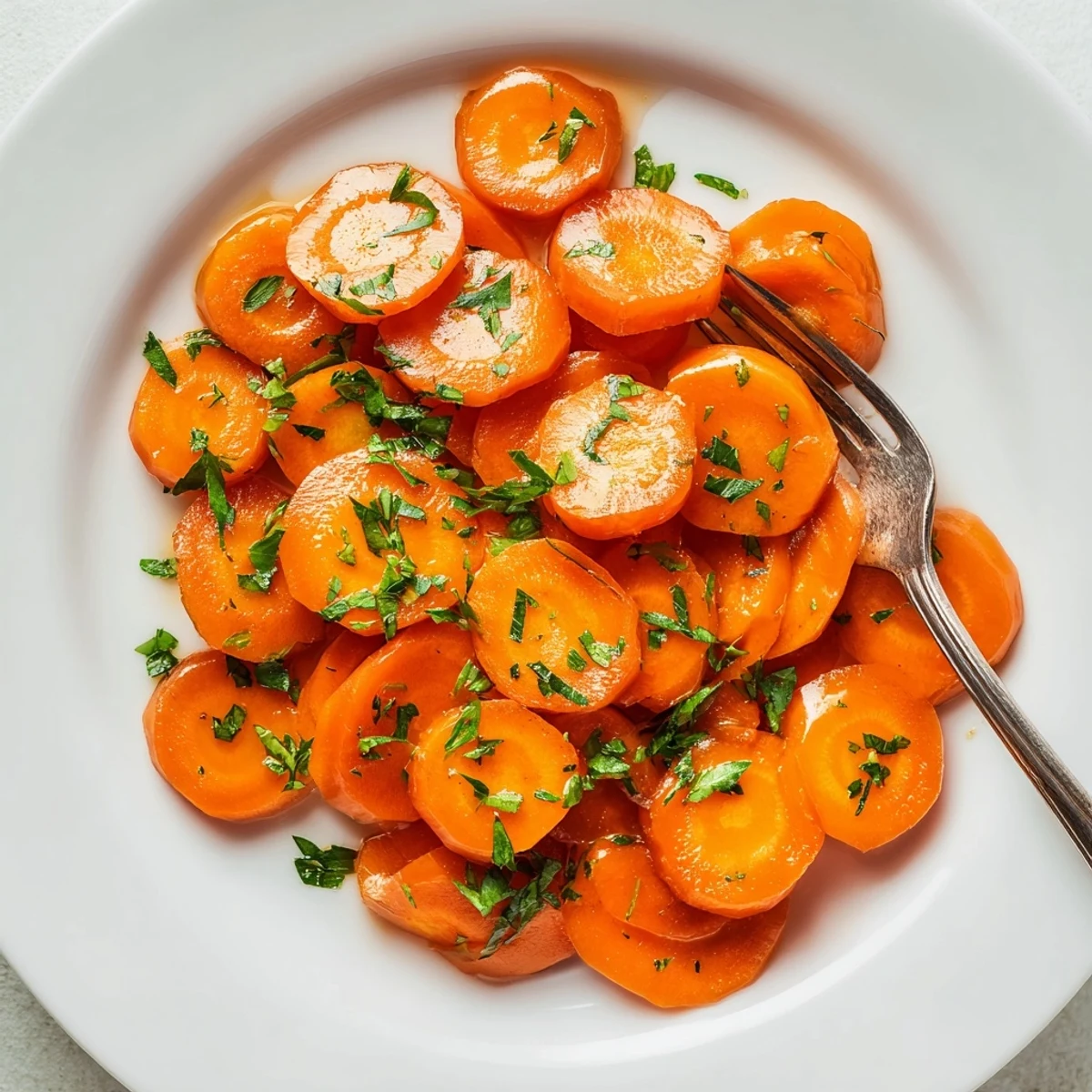 Golden glazed carrots glistening with buttery brown sugar coating on a white serving plate