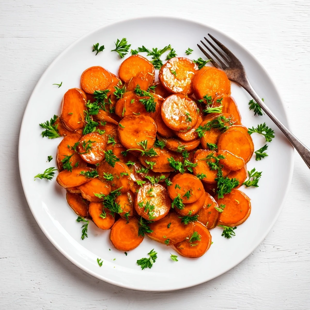 Tender glazed carrots simmered in sweet butter glaze, garnished with fresh green parsley