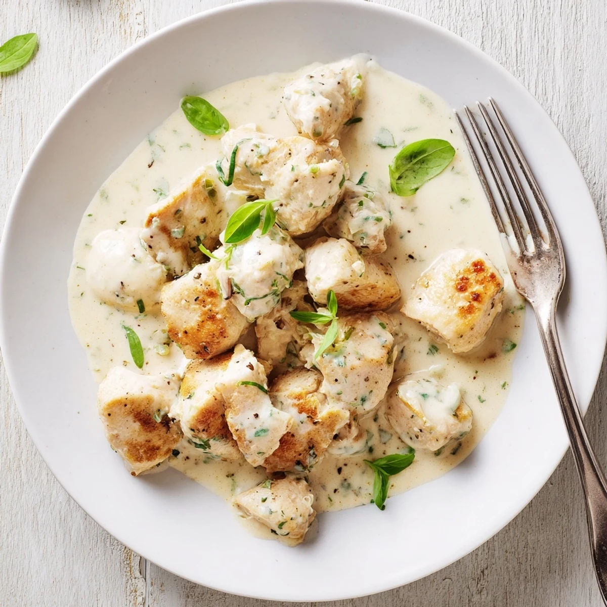 Golden chicken breasts swimming in a rich, creamy white herb sauce flecked with fresh parsley and chives