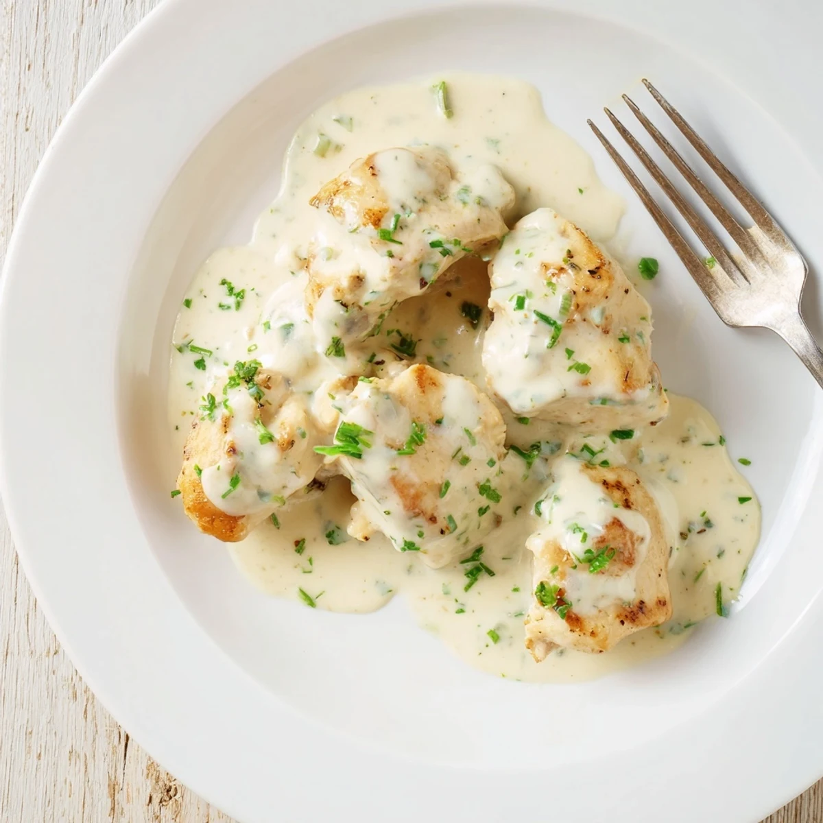 Tender pan-seared chicken drizzled with luscious garlic cream sauce and garnished with vibrant green herbs