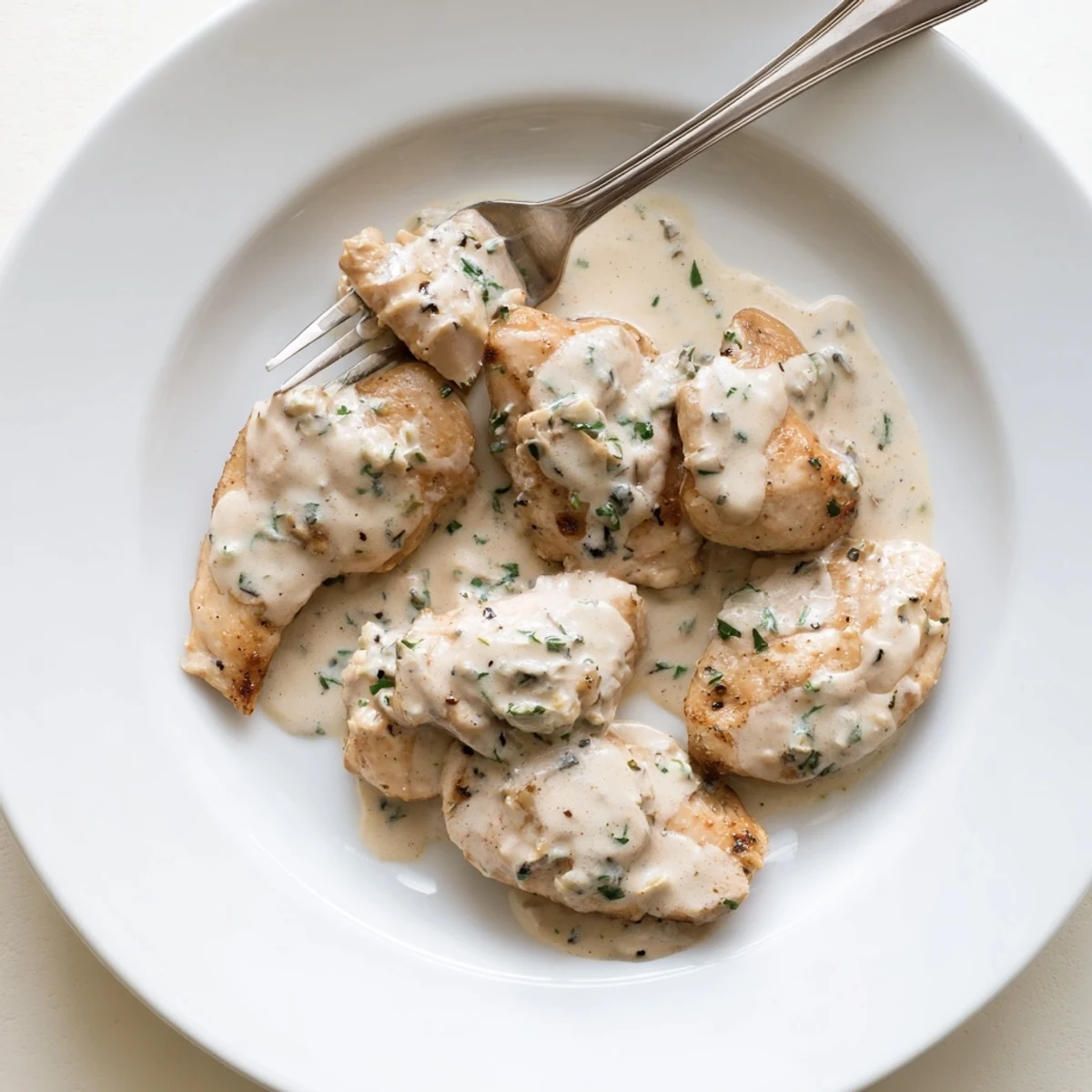 Savory creamy herb chicken plated with sauce coating each bite, topped with freshly chopped basil and thyme