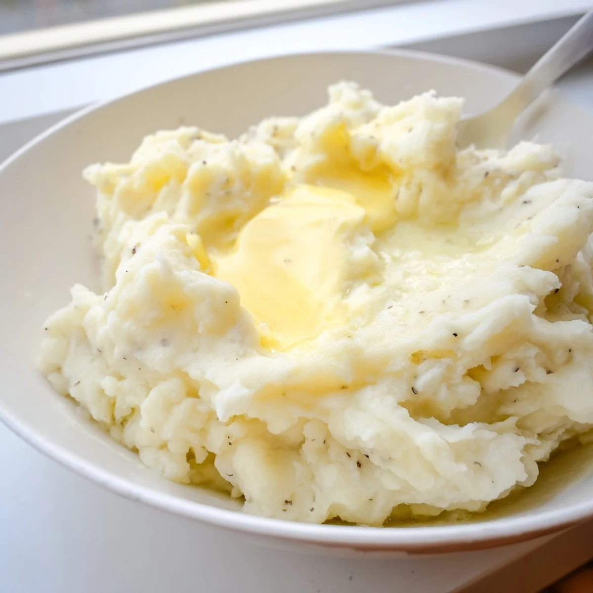 Creamy mashed potatoes topped with melting butter pat on white serving plate