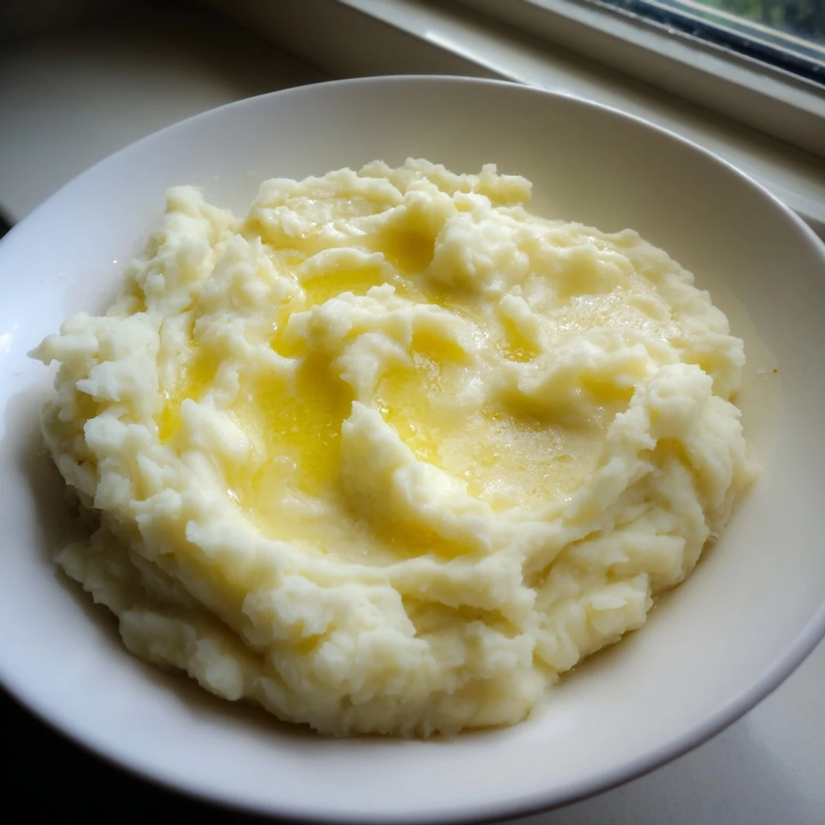 Fluffy buttery mashed potatoes served alongside roasted chicken dinner with herbs