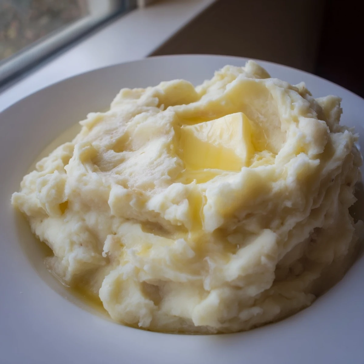 Golden bowl of classic mashed potatoes whipped with warm milk and pepper