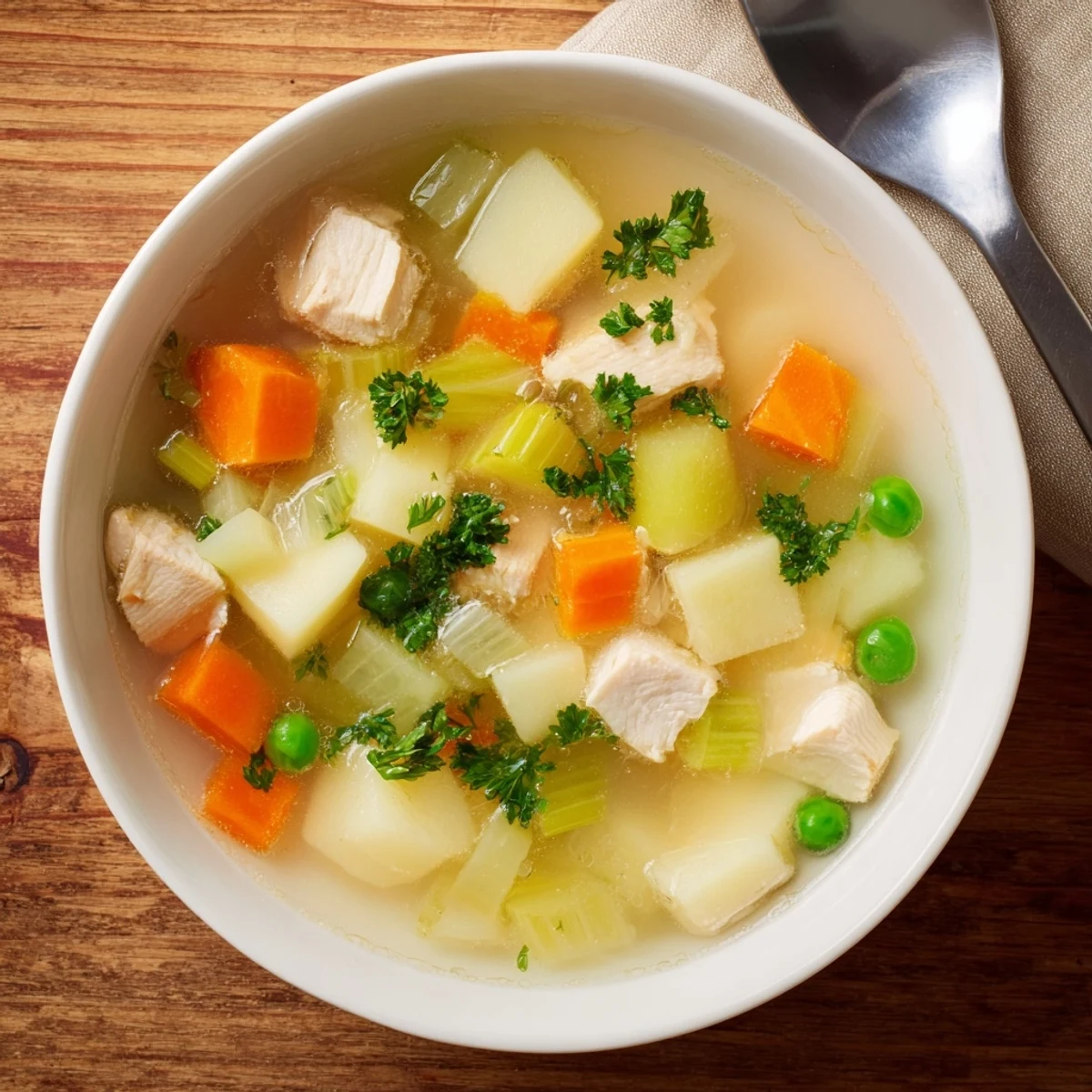 Steamy comforting chicken soup with potatoes brimming with tender chunks, carrots, and fresh parsley garnish