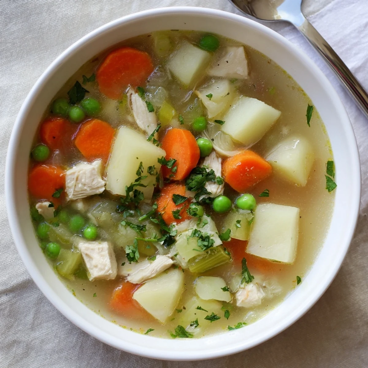 Bowl of comforting chicken soup with potatoes filled with chunky vegetables, succulent chicken, and aromatic herbs
