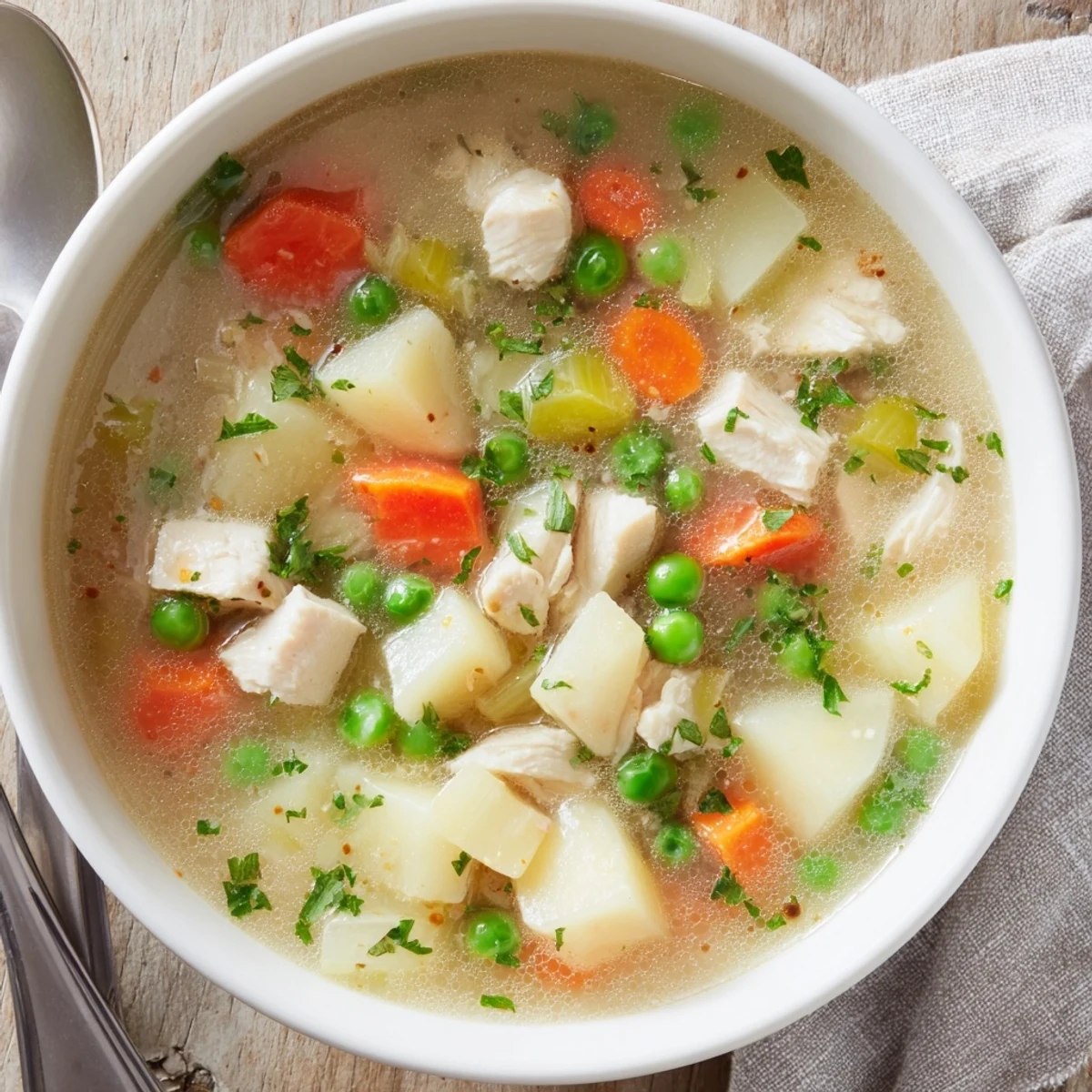 Hearty comforting chicken soup with potatoes featuring cubed potatoes, diced chicken, and colorful vegetables in rich broth