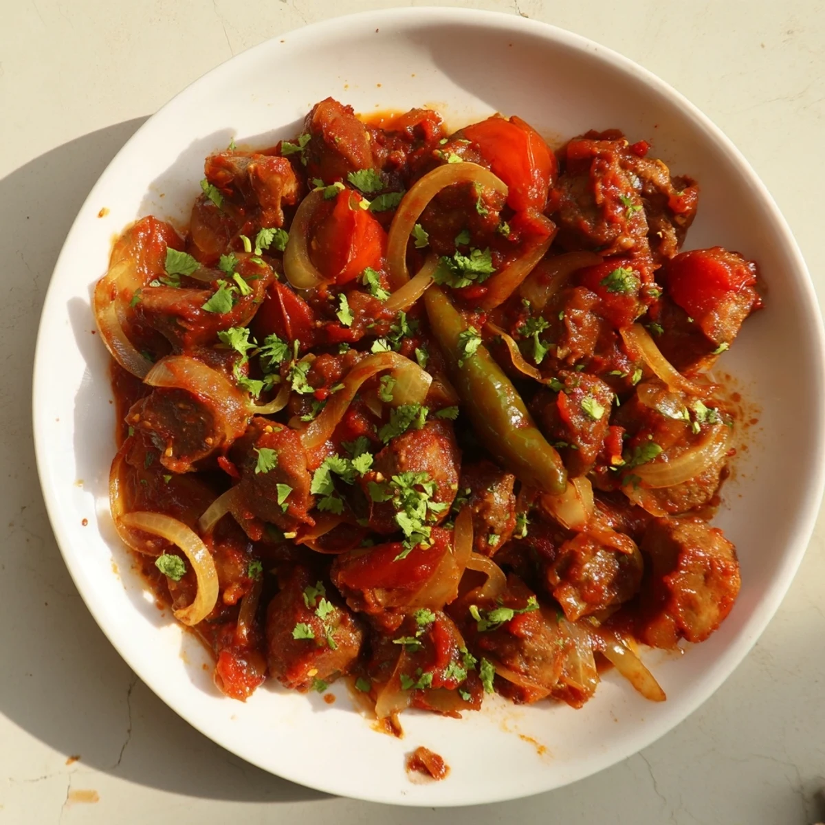 Savory Kenyan goat wet fry with aromatic spices served steaming hot over white rice plate