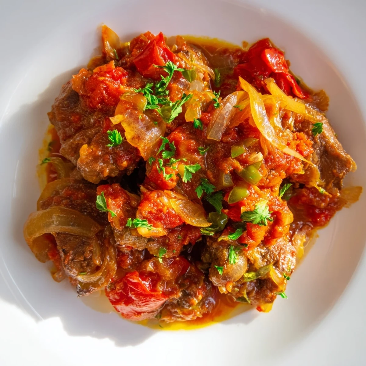 Glossy Kenyan goat wet fry meat pieces coated in spiced tomato sauce and green chilies