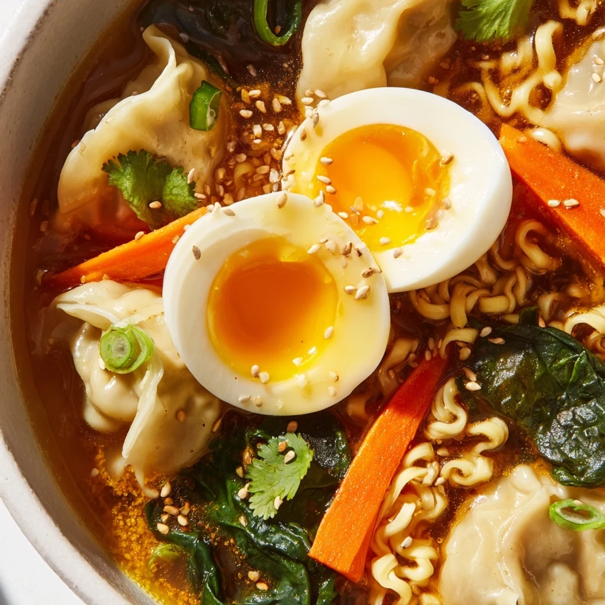 Steaming bowl of dumpling ramen featuring soft-boiled eggs, fresh spinach, and shredded cabbage in savory broth