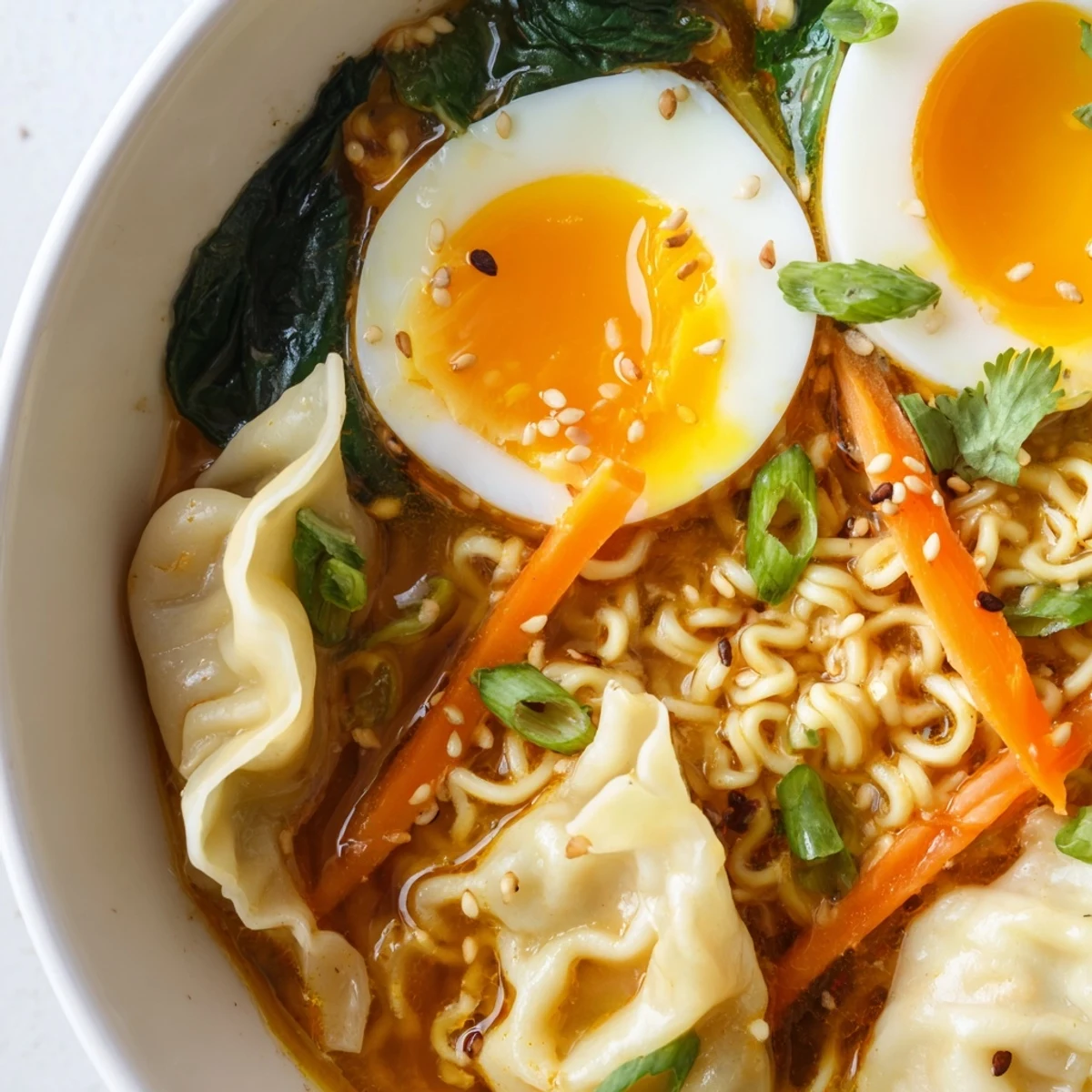 Asian fusion dumpling ramen with tender noodles, soft eggs, and crisp vegetables garnished with sesame seeds