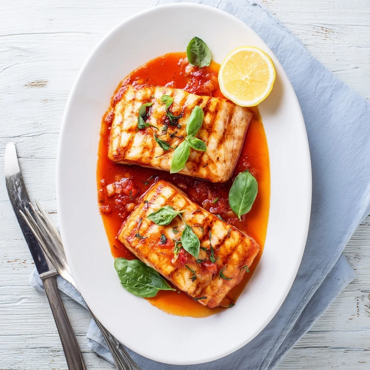 Golden grilled halibut fillets poached in rich tomato butter sauce with fresh basil