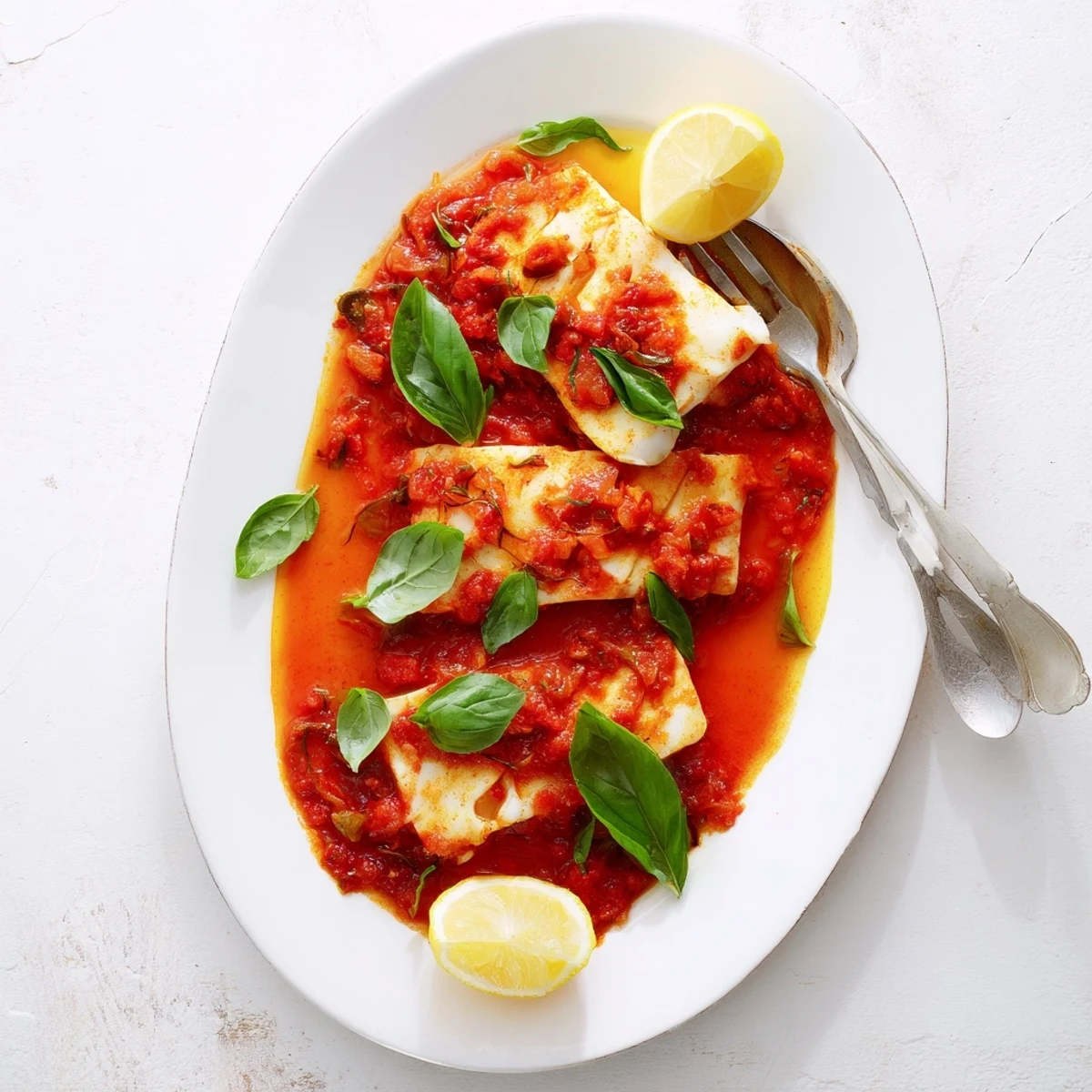 Flaky white halibut simmered in savory tomato butter sauce finished on the grill