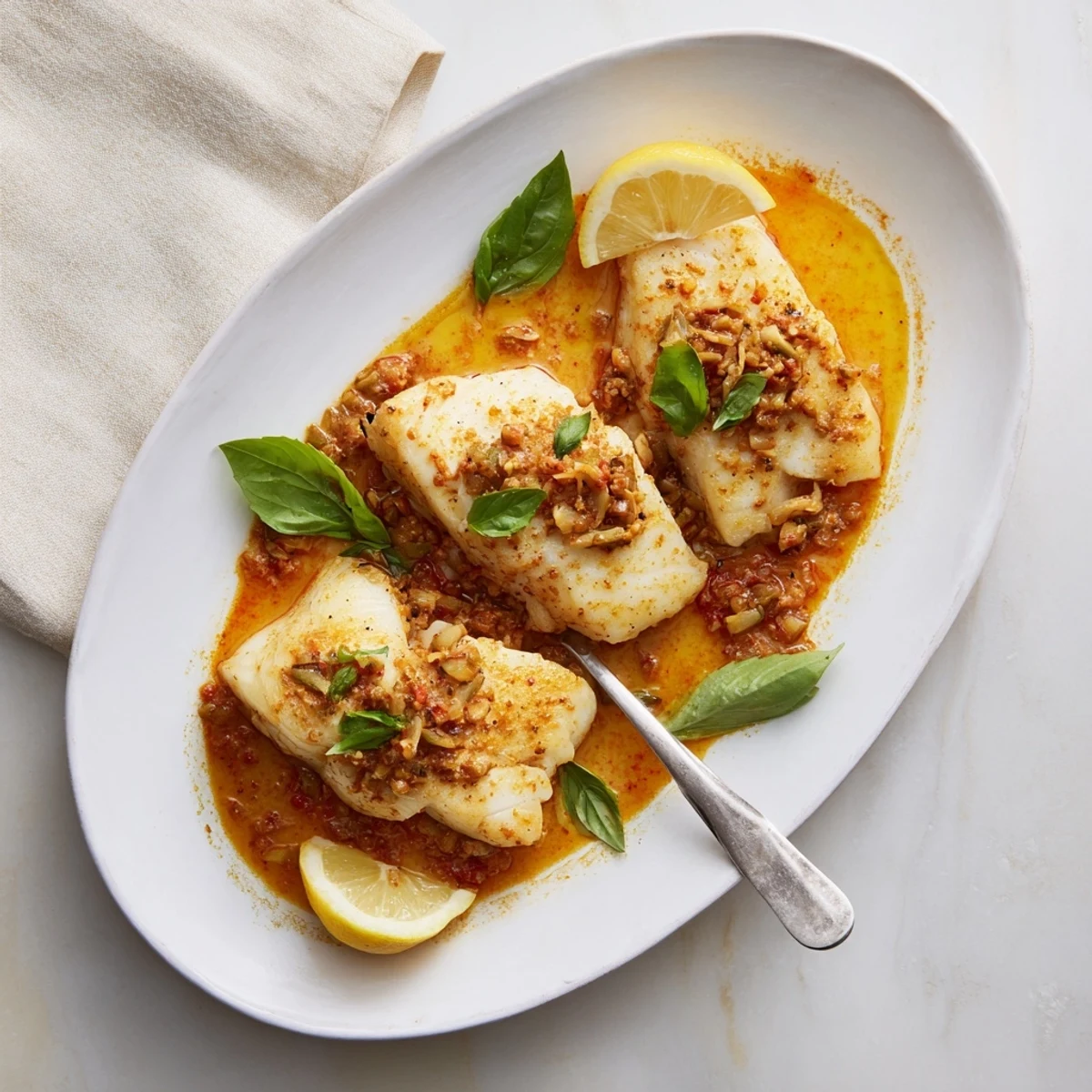 Plated grill poached halibut with silky tomato butter sauce and lemon wedge garnish