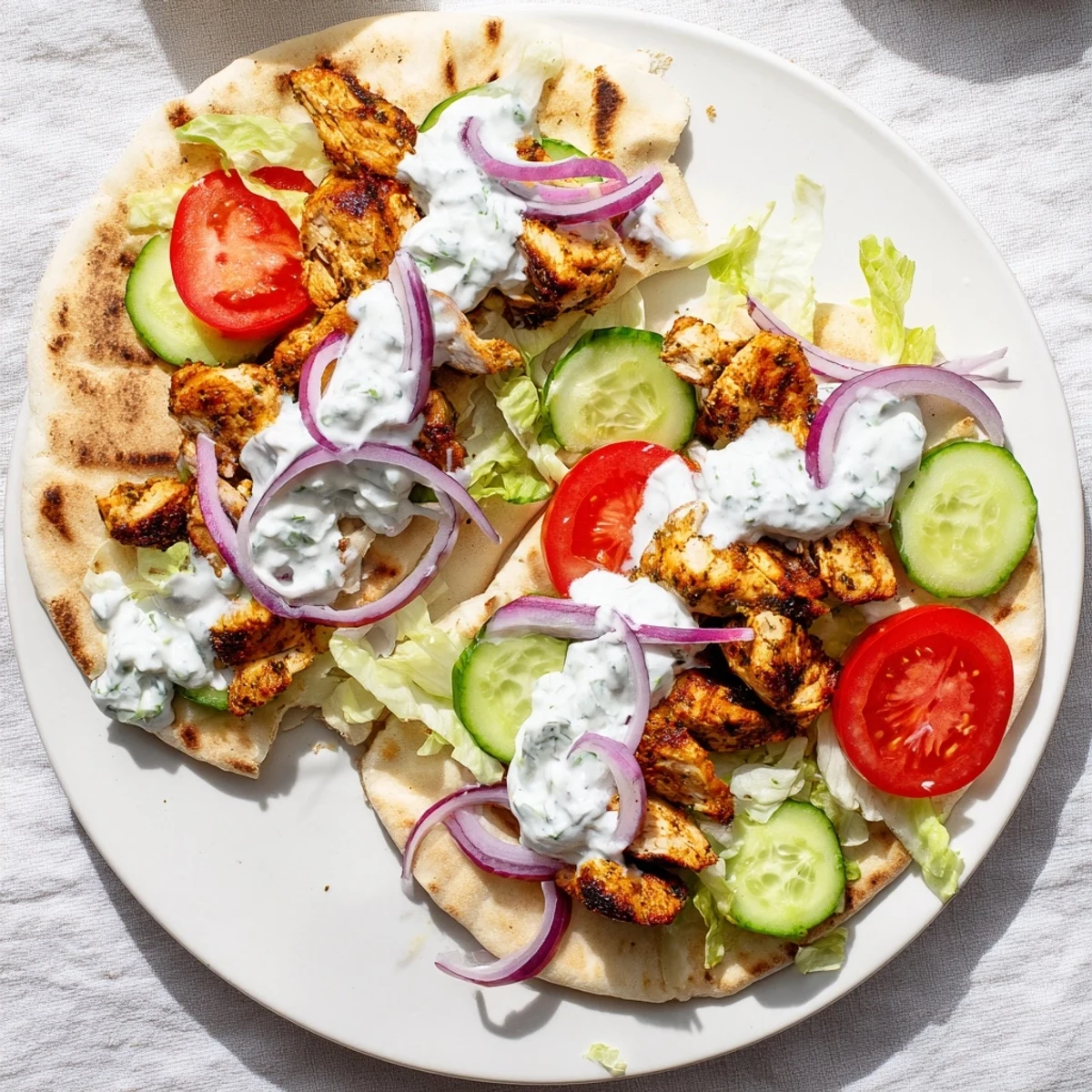 Golden sliced Greek grilled chicken pita wrapped in warm pita with crisp vegetables and creamy tzatziki sauce drizzled on top