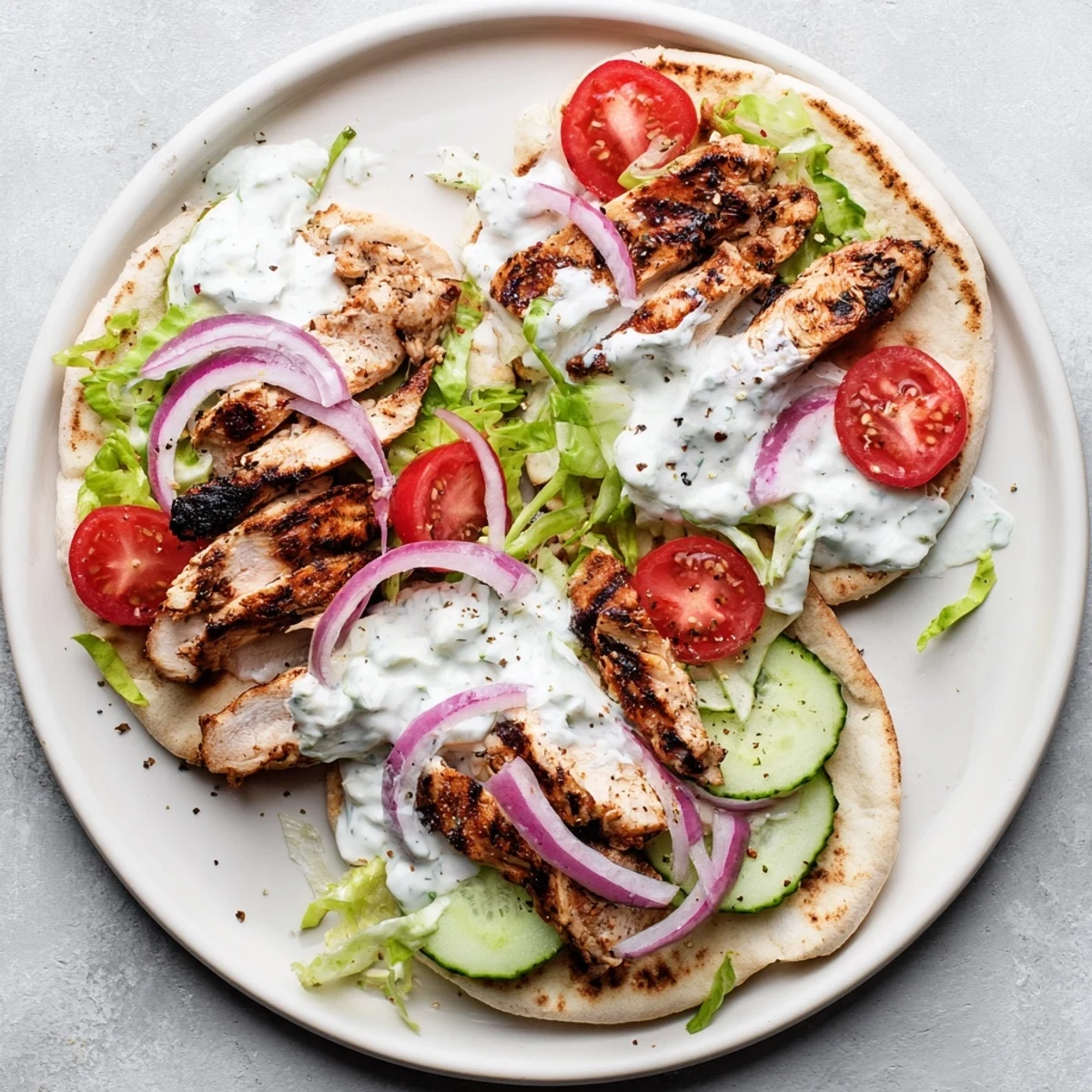 Homemade Greek grilled chicken pita filled with tender spiced chicken shredded lettuce and tangy cucumber tzatziki for easy dinner