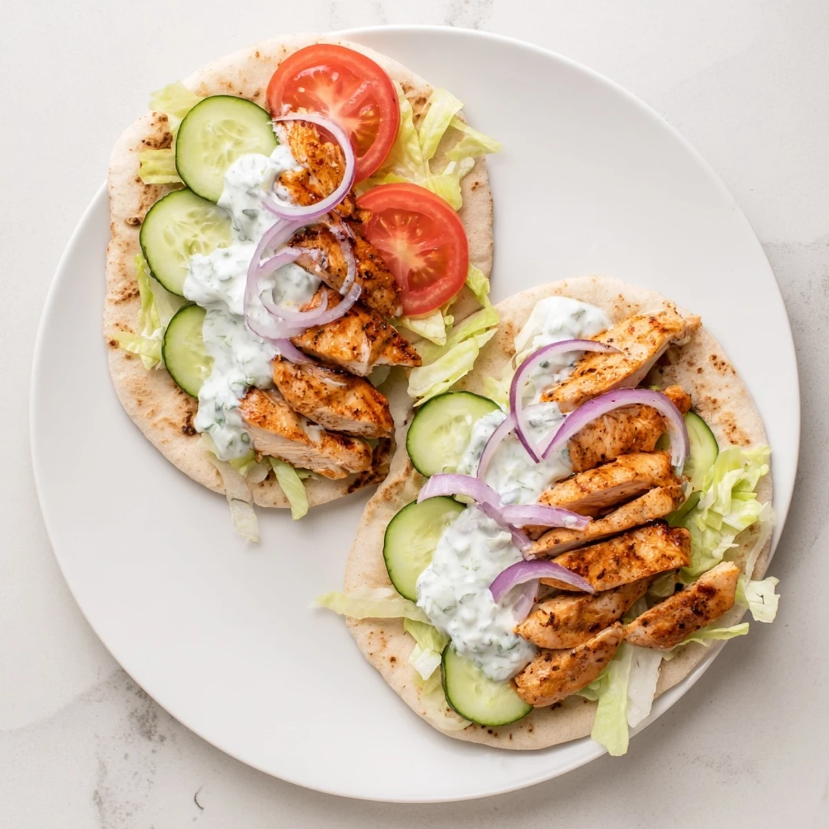 Mediterranean style Greek grilled chicken pita sandwich featuring juicy marinated chicken fresh tomatoes onions and cool yogurt sauce