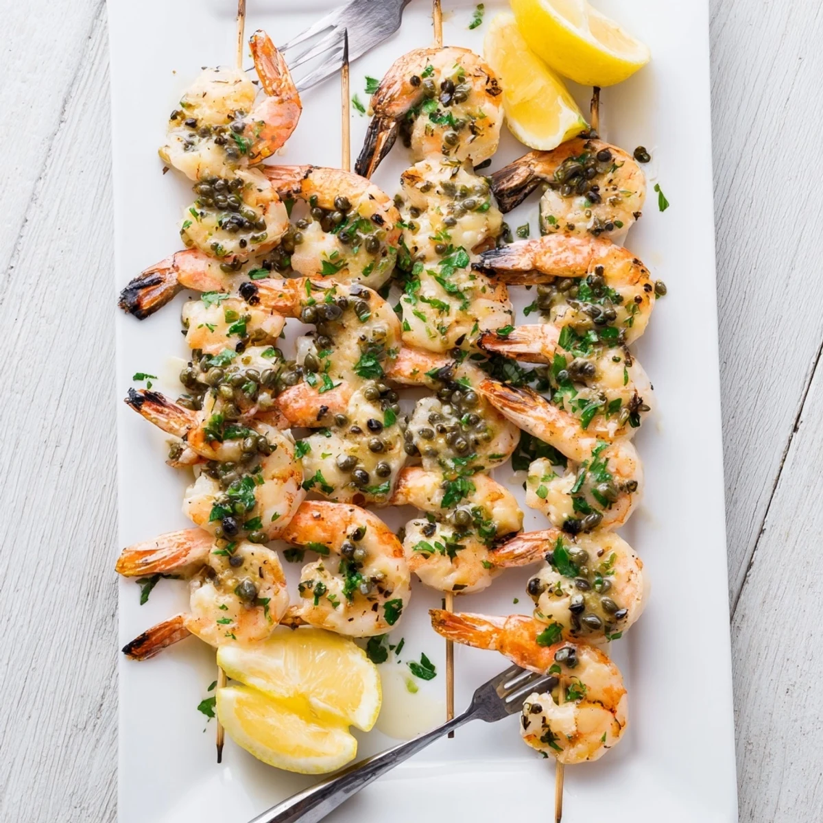 Golden grilled shrimp piccata skewers brushed with zesty lemon butter sauce and fresh parsley