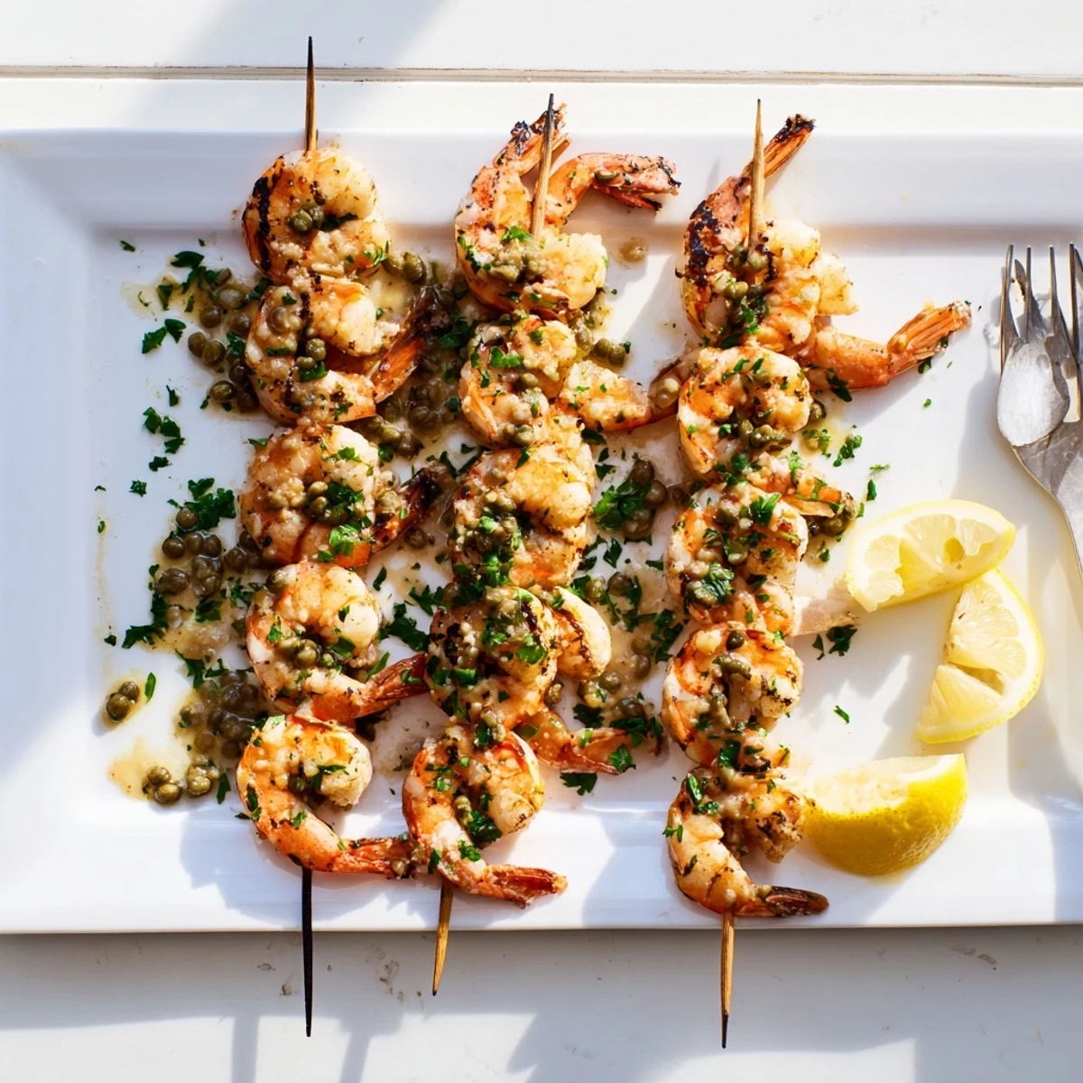 Plump threaded shrimp grilled to charred perfection drizzled with creamy piccata and capers