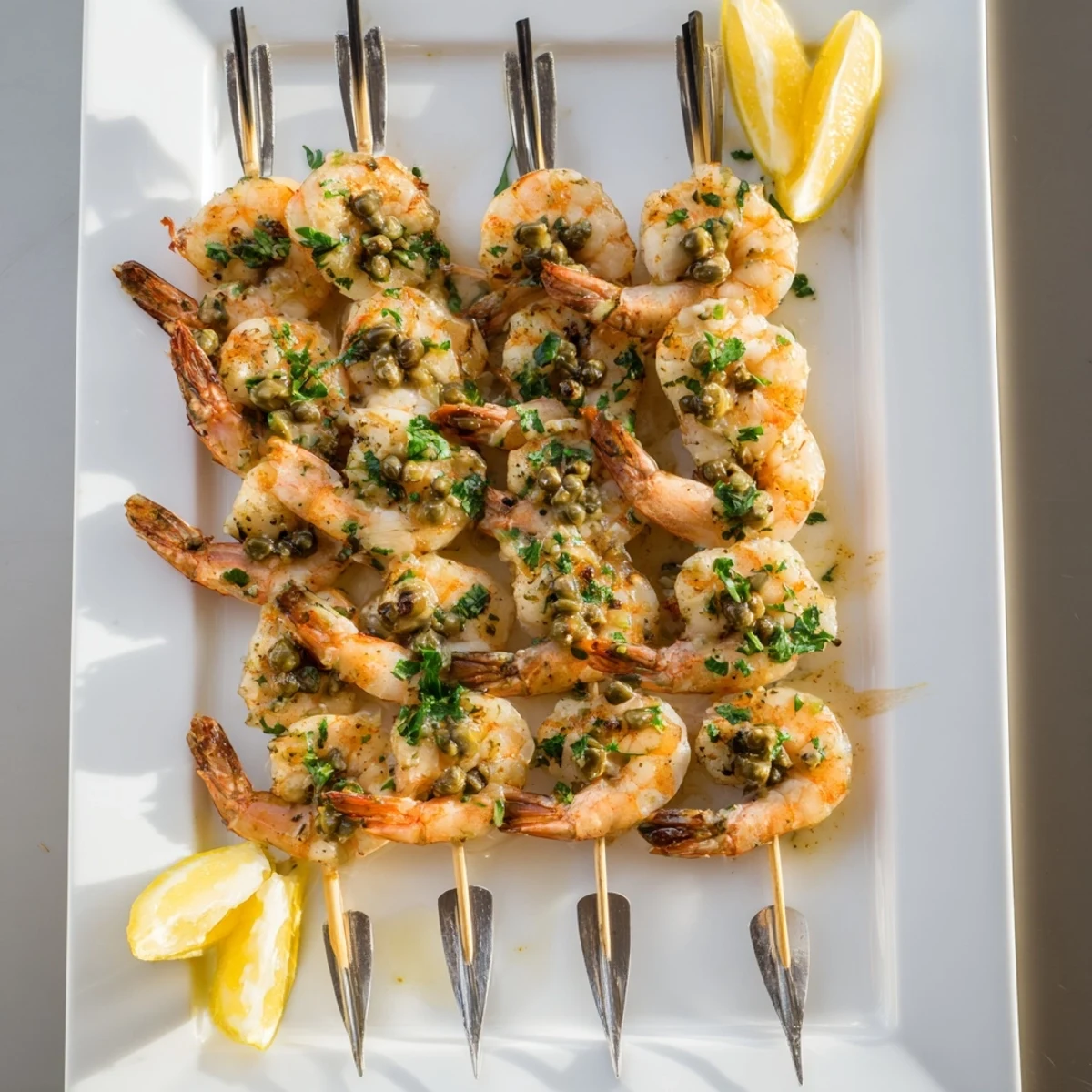 Juicy lemon garlic shrimp skewers on a serving platter with white wine piccata glaze