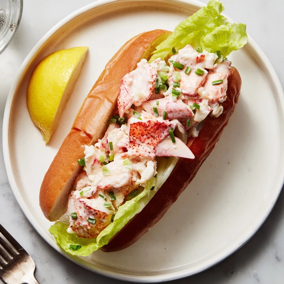 Generous portion of tender lobster meat stuffed into buttery Maine style lobster rolls on white plate