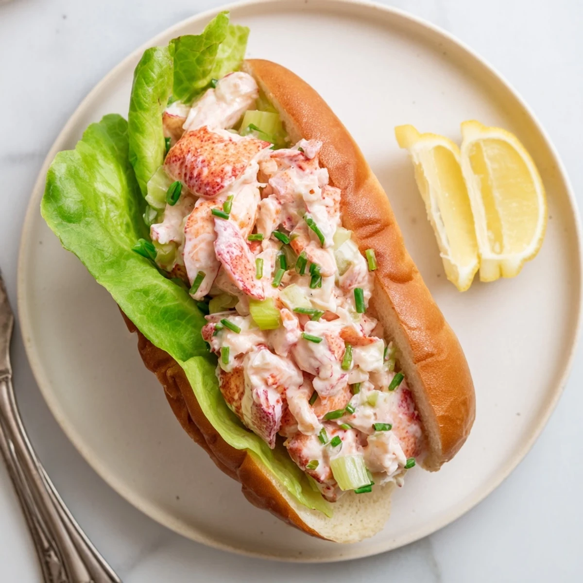 Classic Maine style lobster rolls served in toasted buns with lemon wedges on rustic wooden board