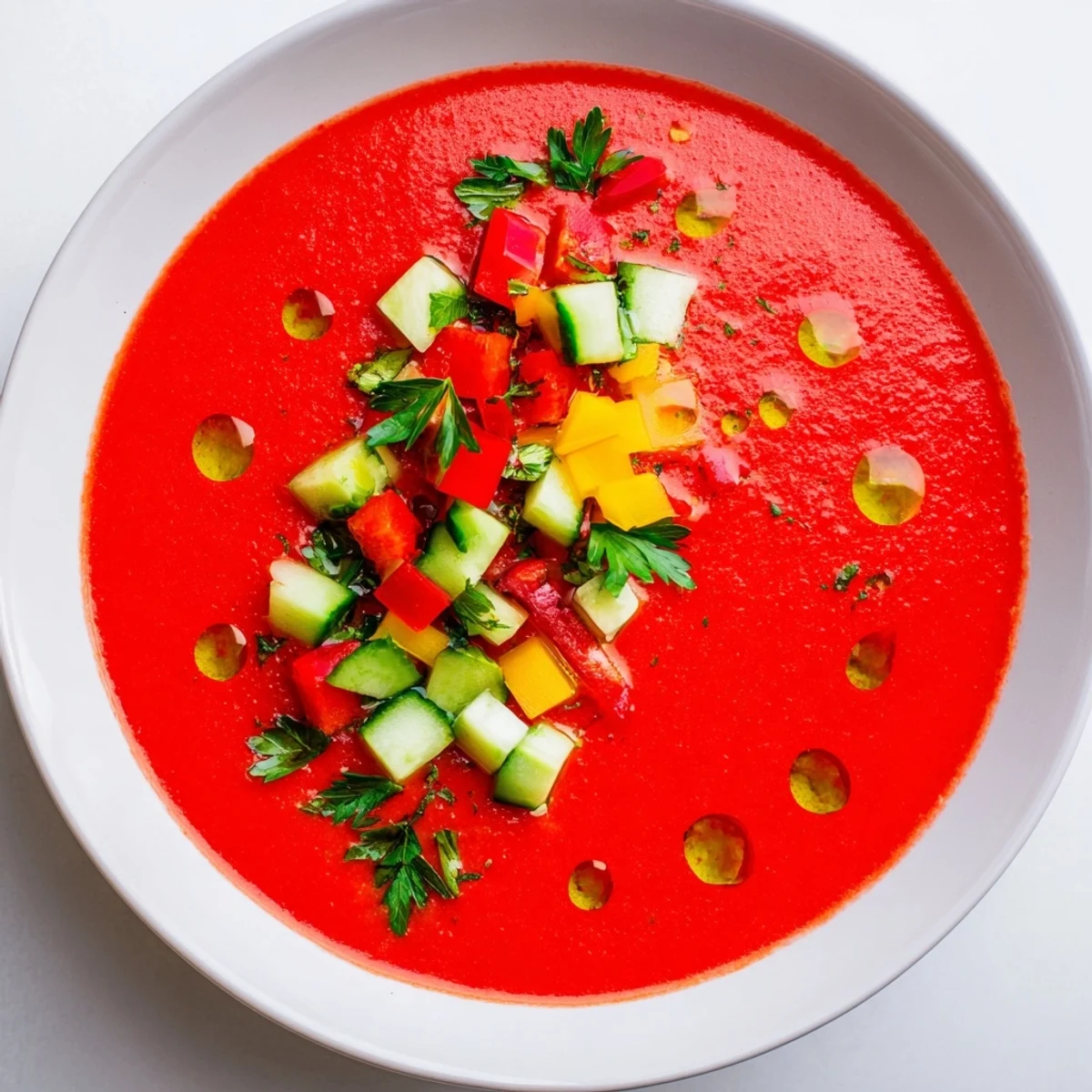 Chilled gazpacho soup garnished with fresh diced vegetables and herbs in a white bowl