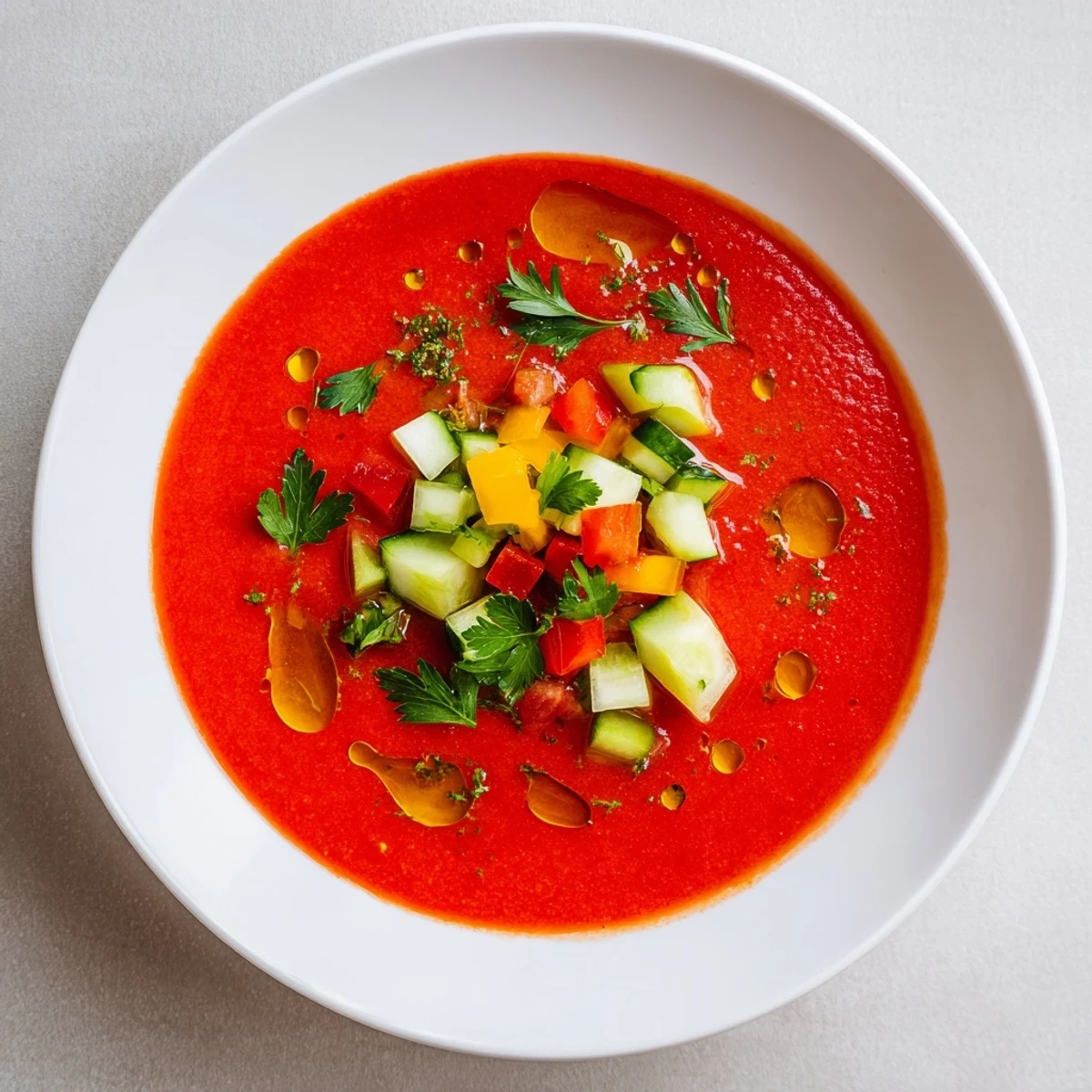Creamy blended gazpacho soup drizzled with olive oil and sprinkled with fresh parsley