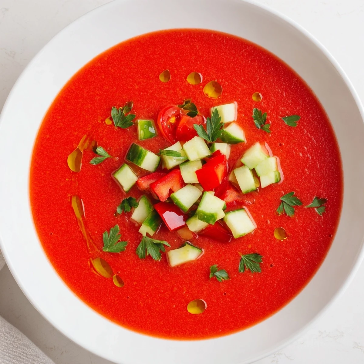 Vibrant Spanish gazpacho recipe served cold with colorful cucumber and tomato toppings
