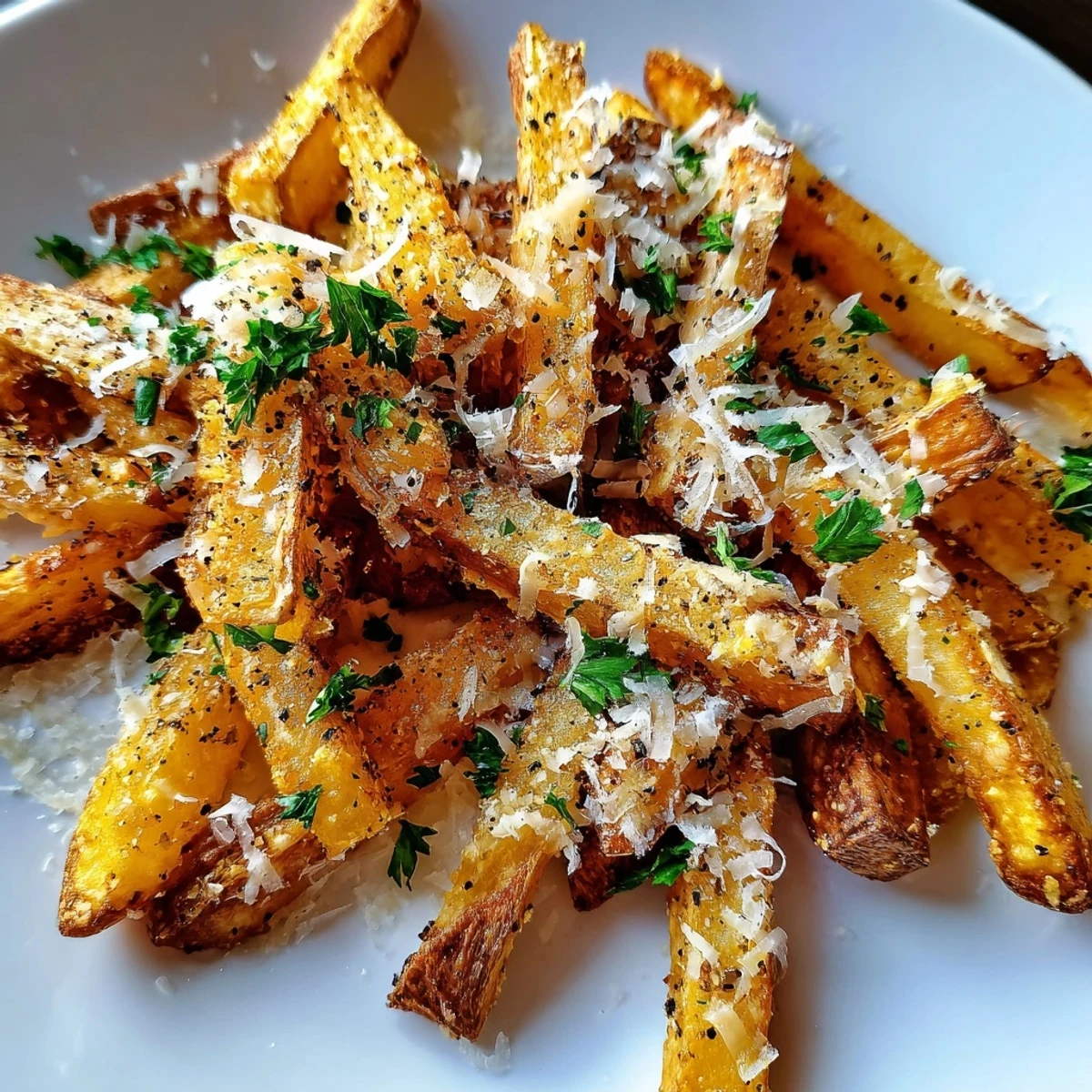 Golden homemade truffle fries topped with grated Parmesan and fresh parsley on a white plate