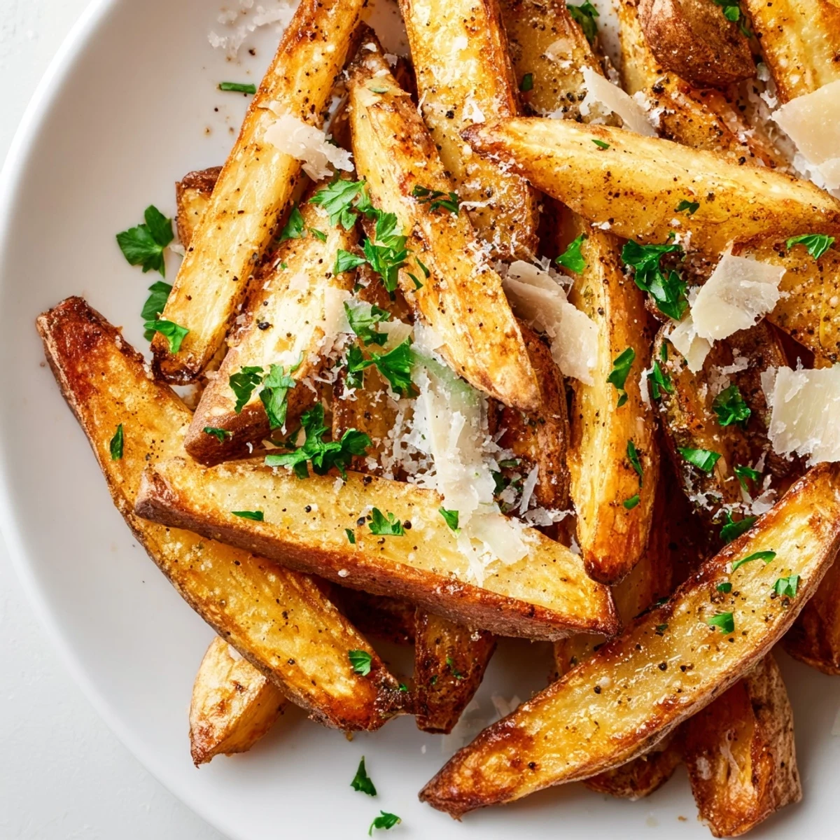 Steaming bowl of cheesy homemade truffle fries garnished with chopped parsley and black pepper