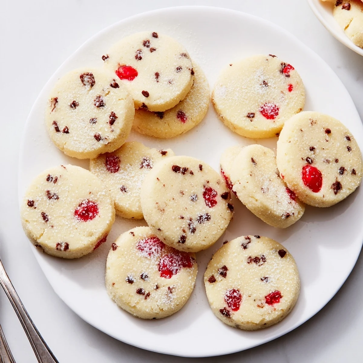 Festive buttery shortbread rounds featuring chopped maraschino cherries and optional mini chocolate chips for holiday baking
