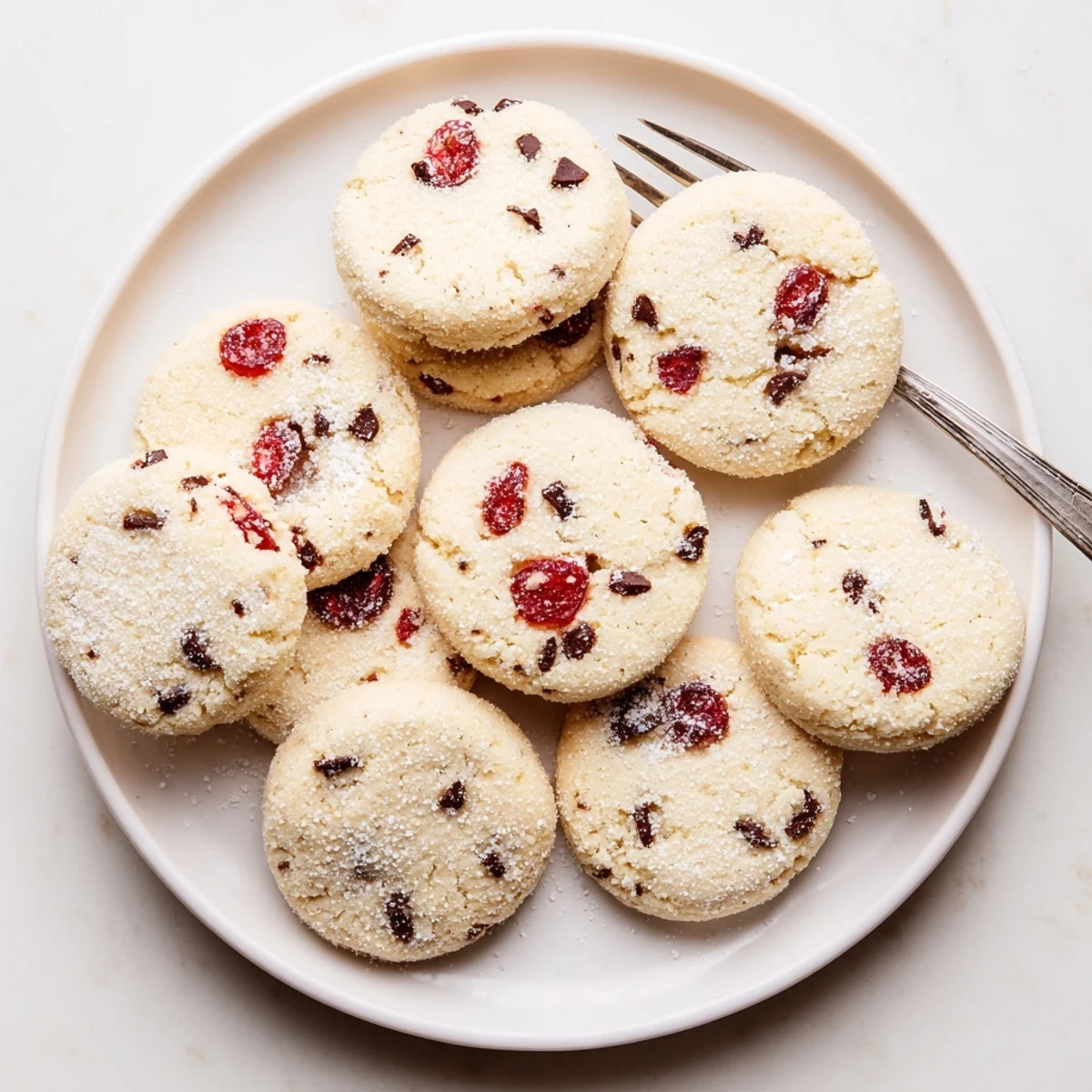 Golden Christmas maraschino cherry shortbread cookies dotted with bright red cherries on a white baking sheet