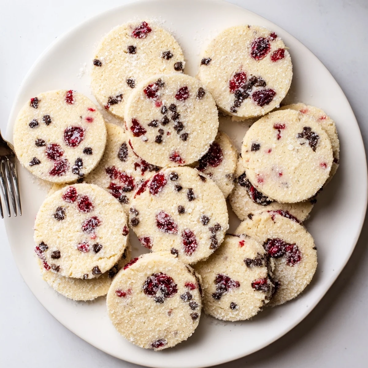 Stack of homemade Christmas maraschino cherry shortbread cookies perfect for Christmas dessert plates and cookie exchanges