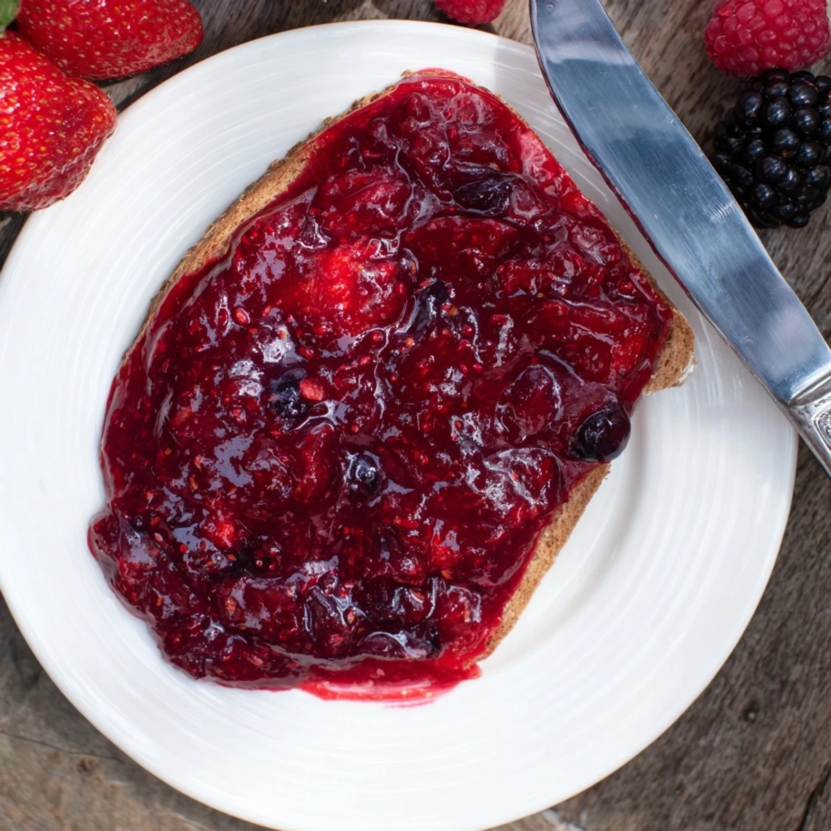 Glowing jar of strawberry rhubarb raspberry jam with mixed berries swirled into vibrant red preserves.