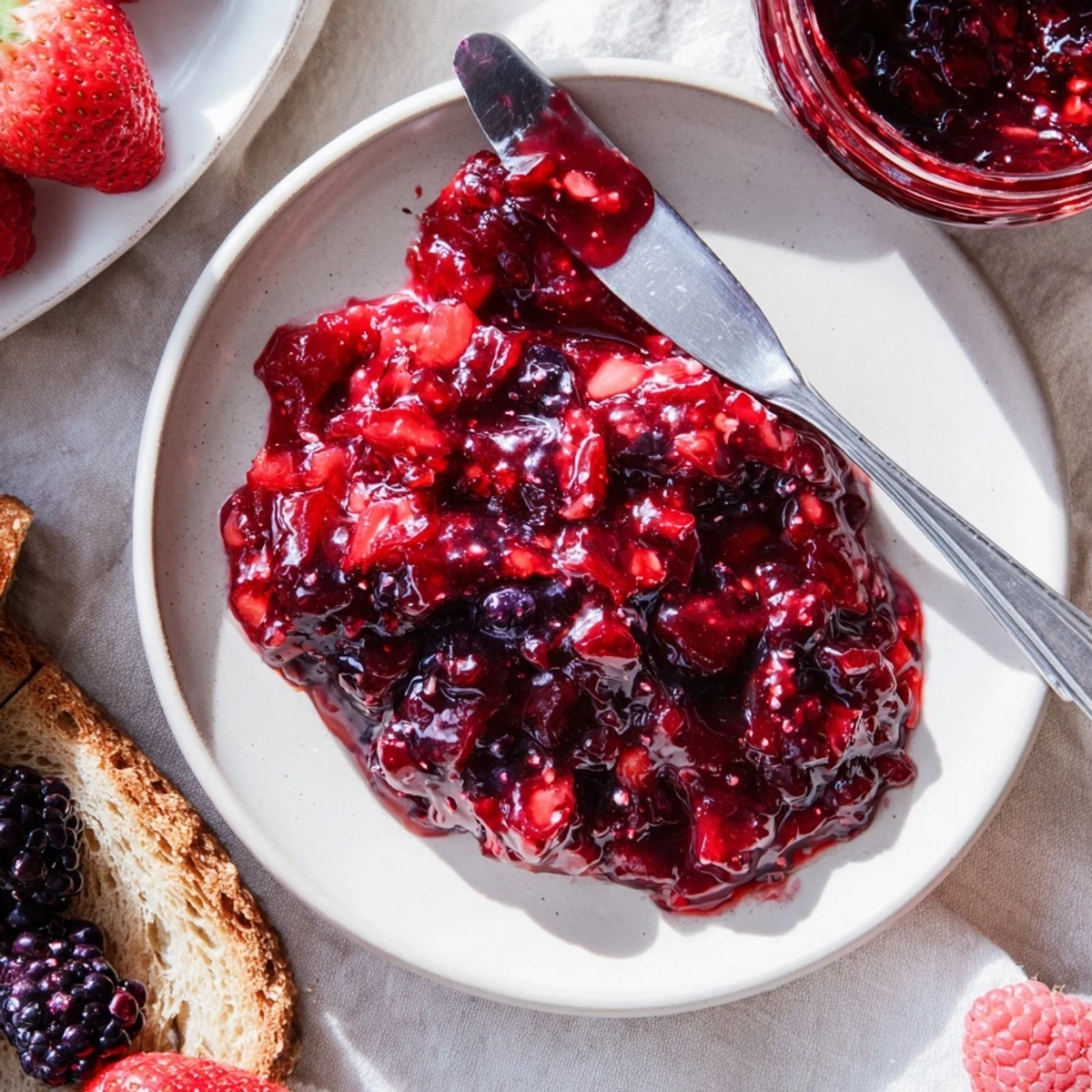 Fresh homemade strawberry rhubarb raspberry jam spread generously on golden toast with mixed berry swirl.