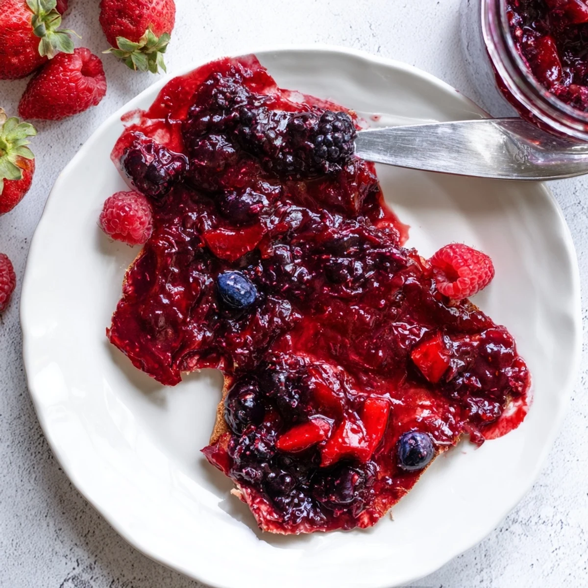 Spoonful of tangy-sweet strawberry rhubarb raspberry jam glistening with whole mixed berries in glass jar.