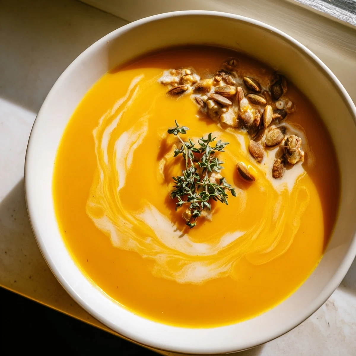 Golden bowl of roasted butternut squash soup garnished with fresh thyme and toasted pumpkin seeds