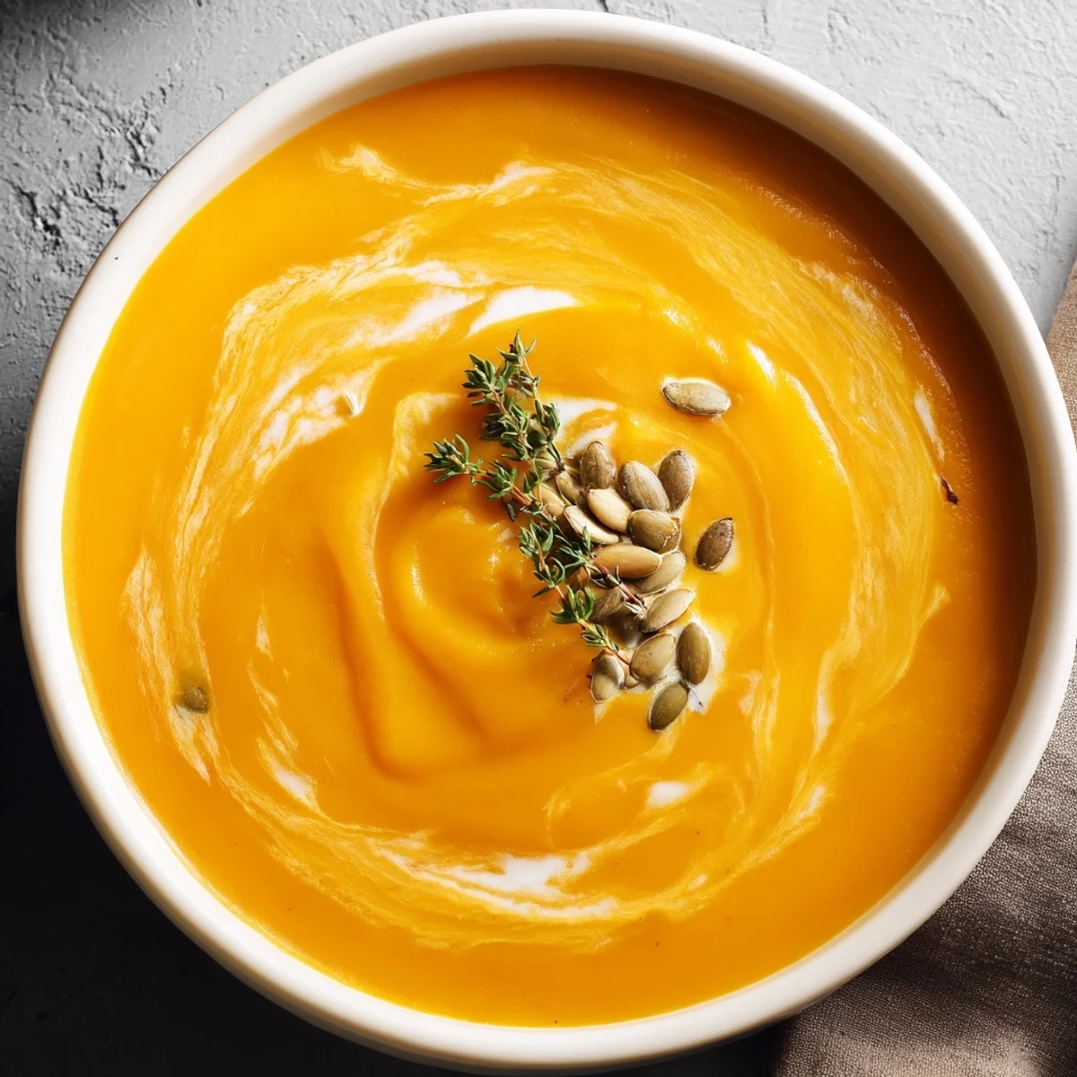 Creamy butternut squash soup with swirls of coconut milk served in a white ceramic bowl