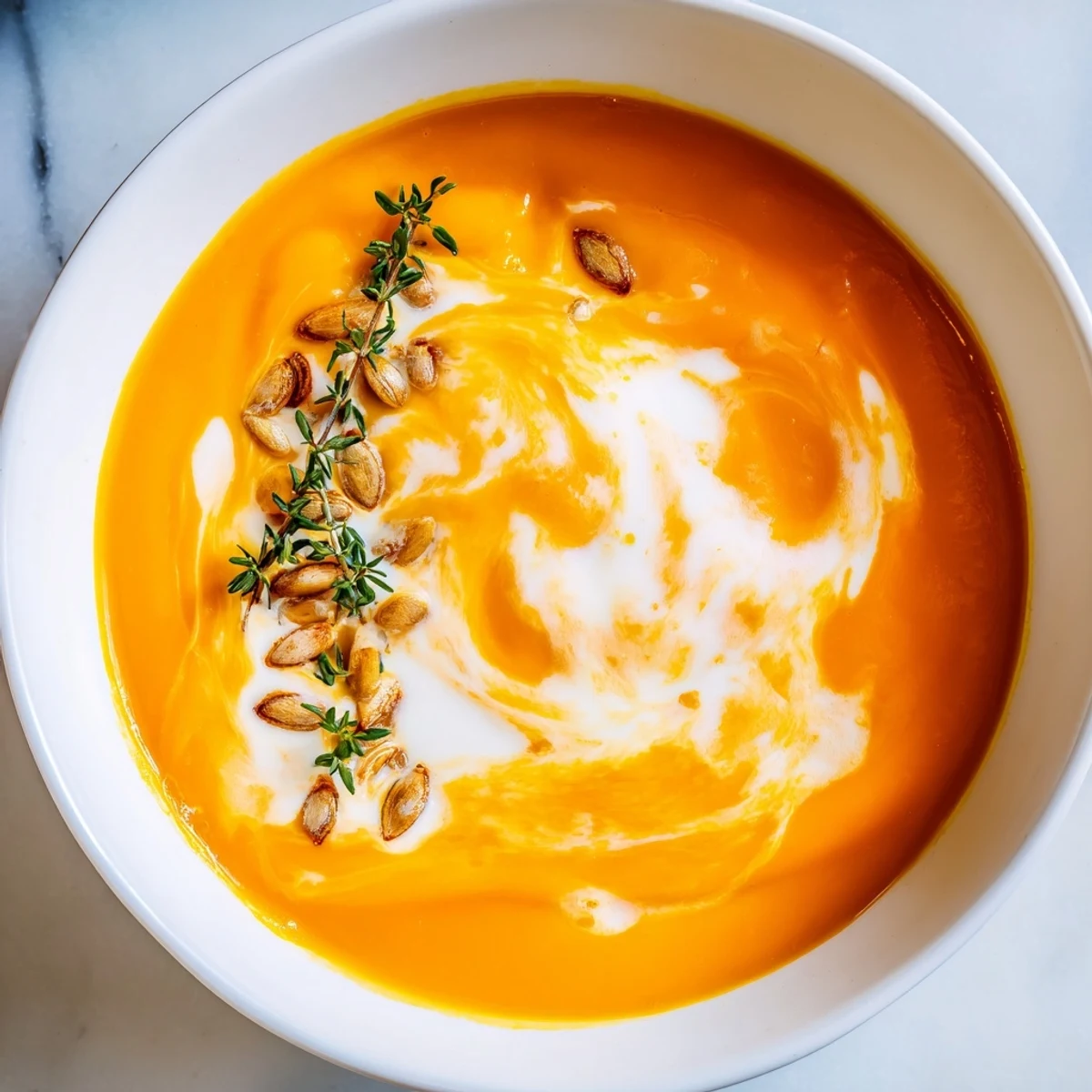 Velvety roasted butternut squash soup featuring caramelized vegetables and a drizzle of cream on top