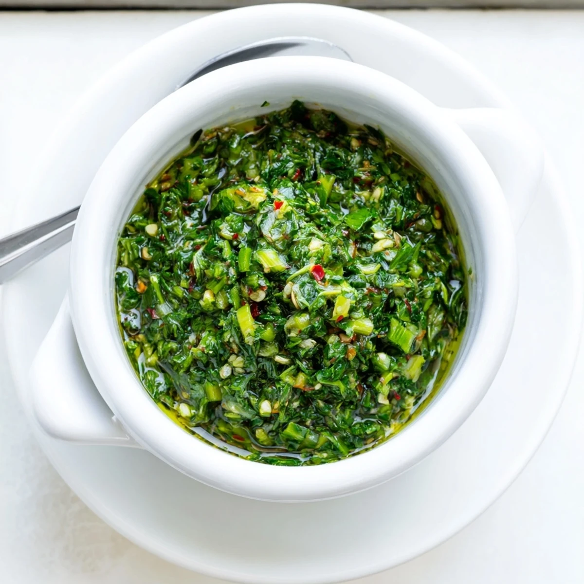 Homemade garlic scape chimichurri featuring chopped parsley and cilantro in a rustic bowl