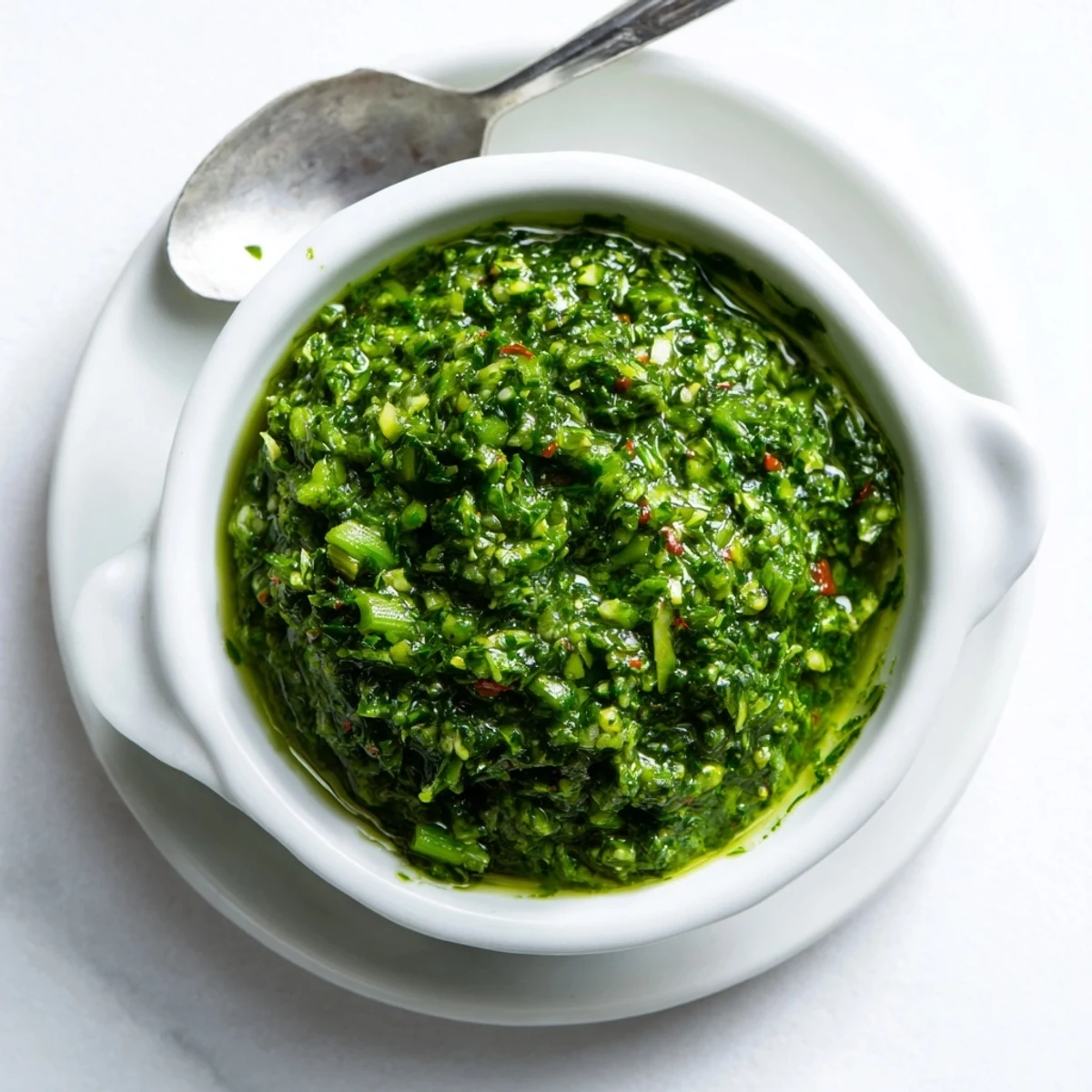 Vibrant green garlic scape chimichurri sauce drizzled over grilled steak with fresh herbs