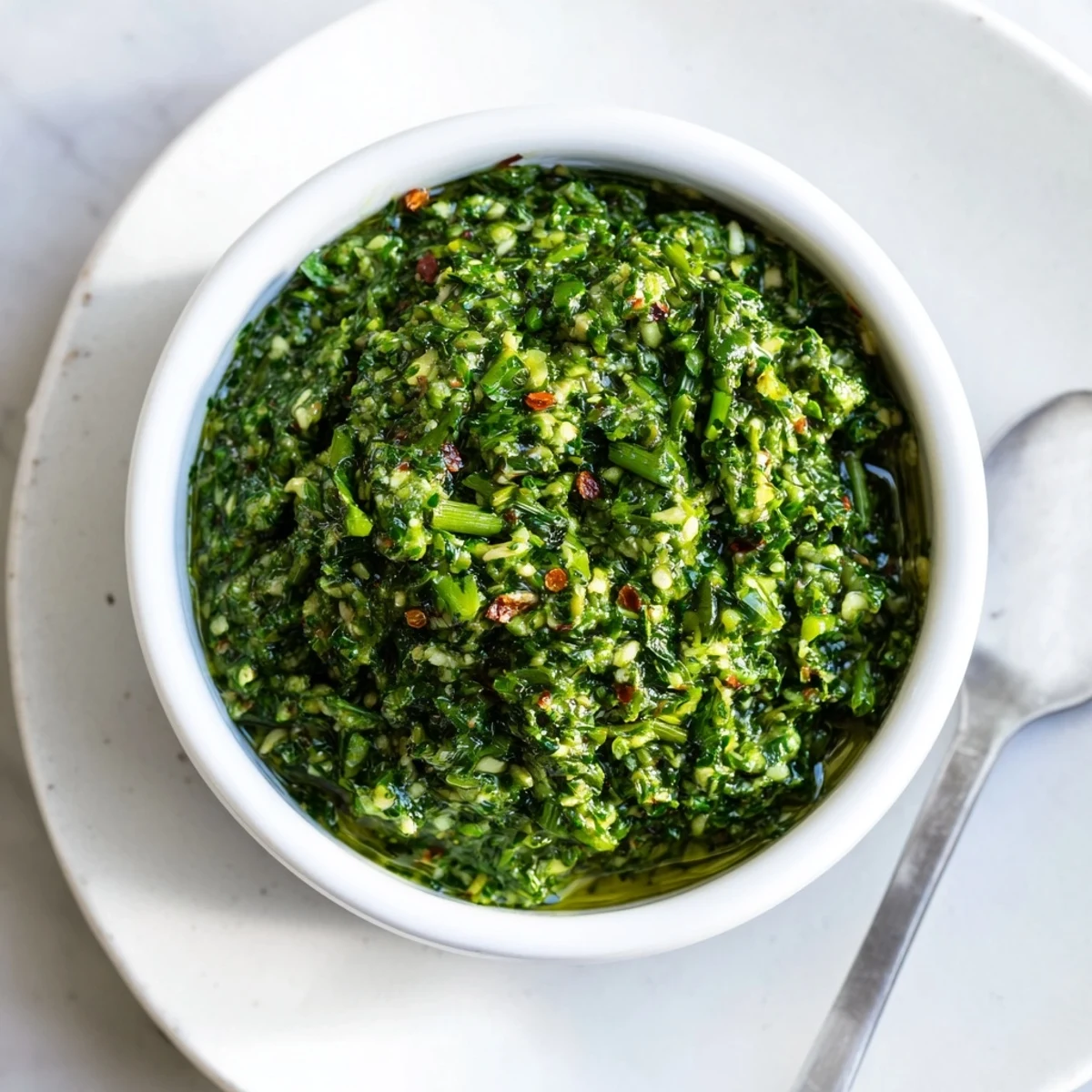 Argentinian-style garlic scape chimichurri spooned atop grilled vegetables and roasted potatoes